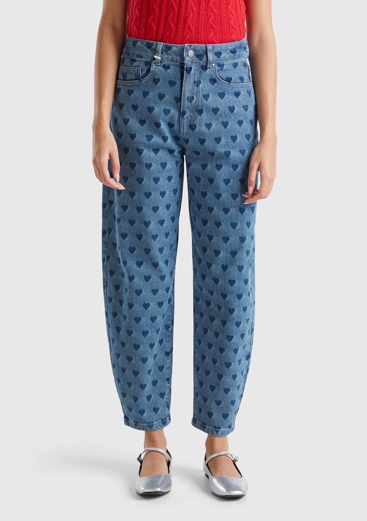 Kadın Mavi Pamuk Karışımlı Arkası Logo Etiketli Tamamı Desenli Pantolon