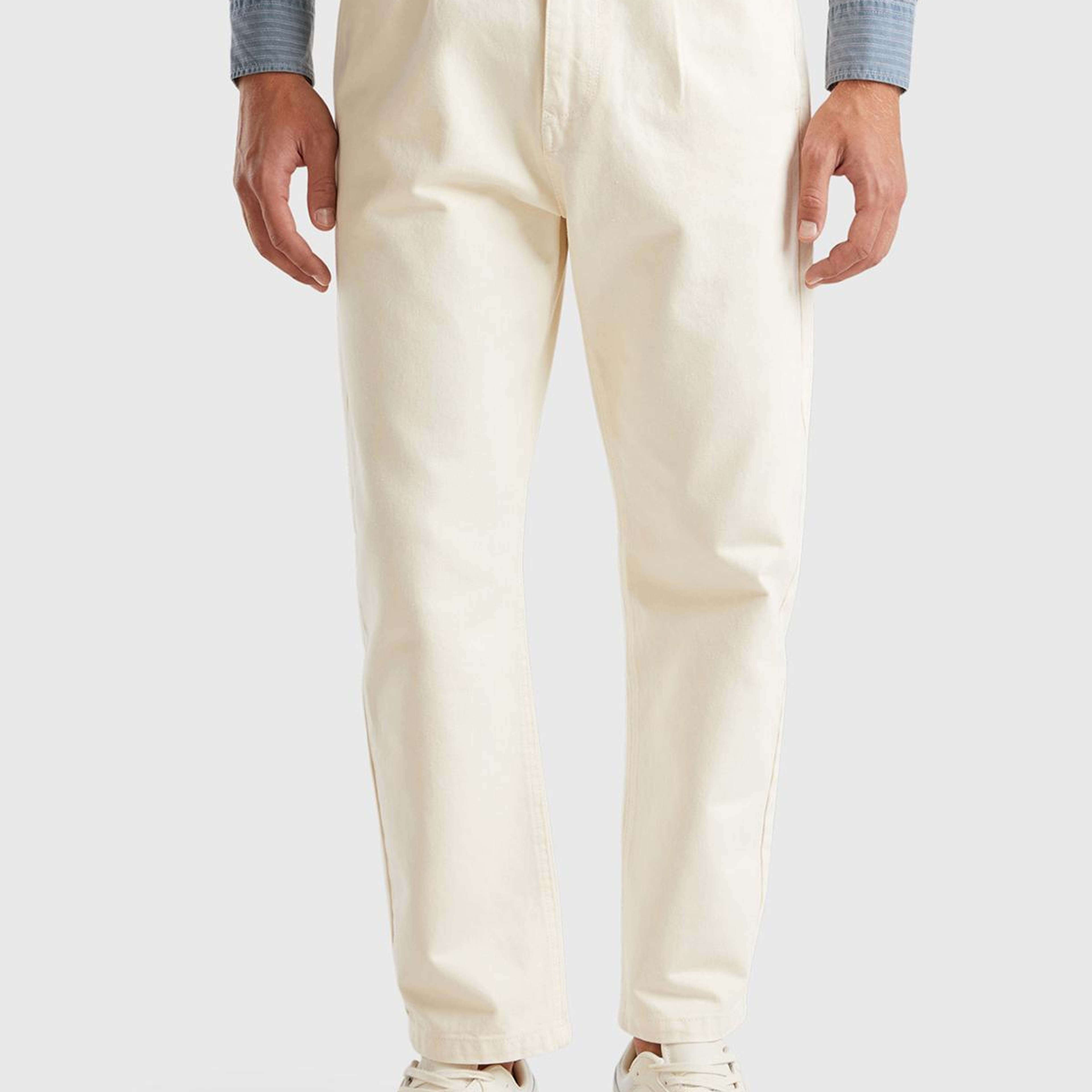 Erkek Krem %100 Pamuk Yanları Cepli Arkası Logo Etiketli Denim Pantolon