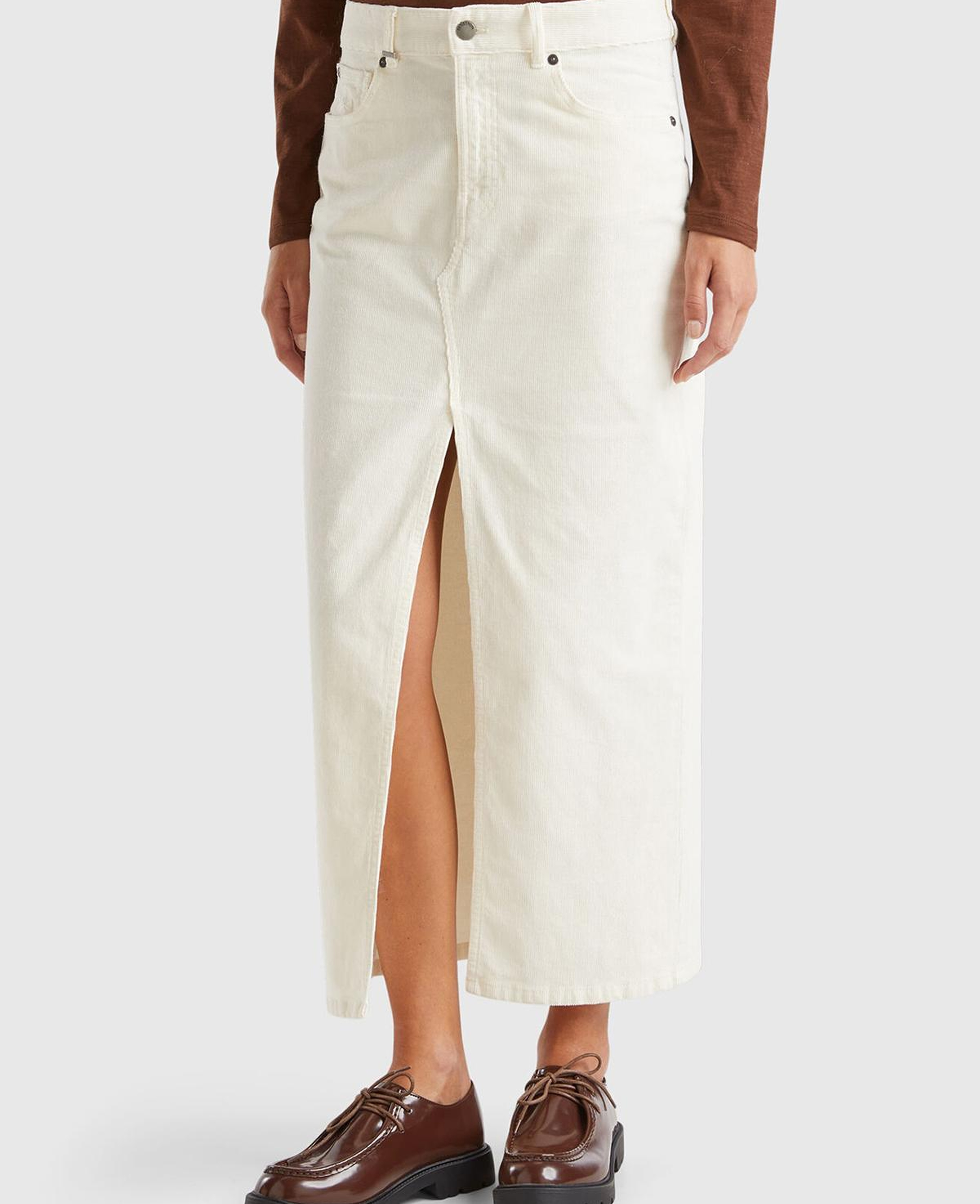 Kadın Beyaz Pamuk Karışımlı Önü Yırtmaçlı Arkası Logo Etiketli Etek