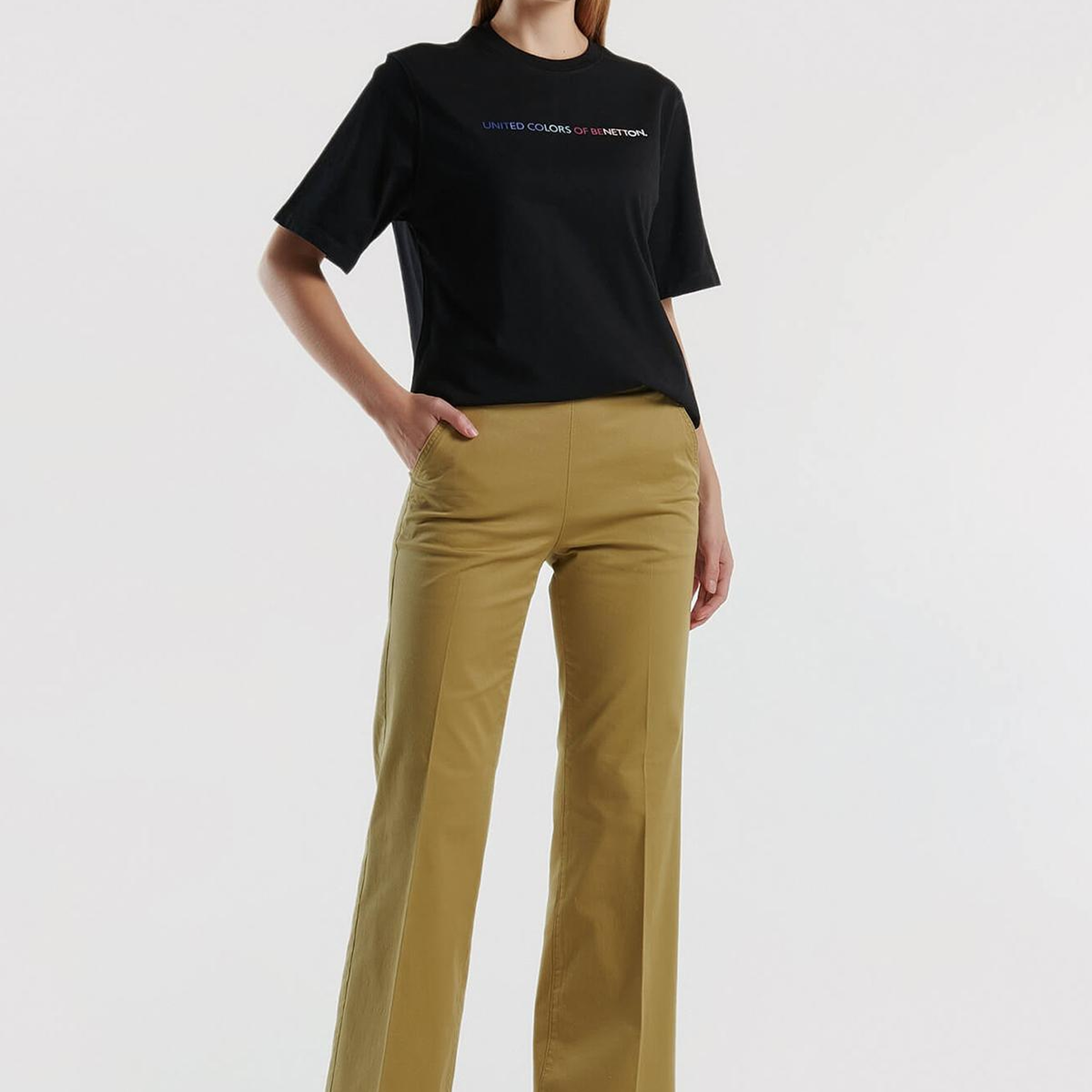 Kadın Hardal Pamuk Karışımlı Rahat İspanyol Paça Pantolon