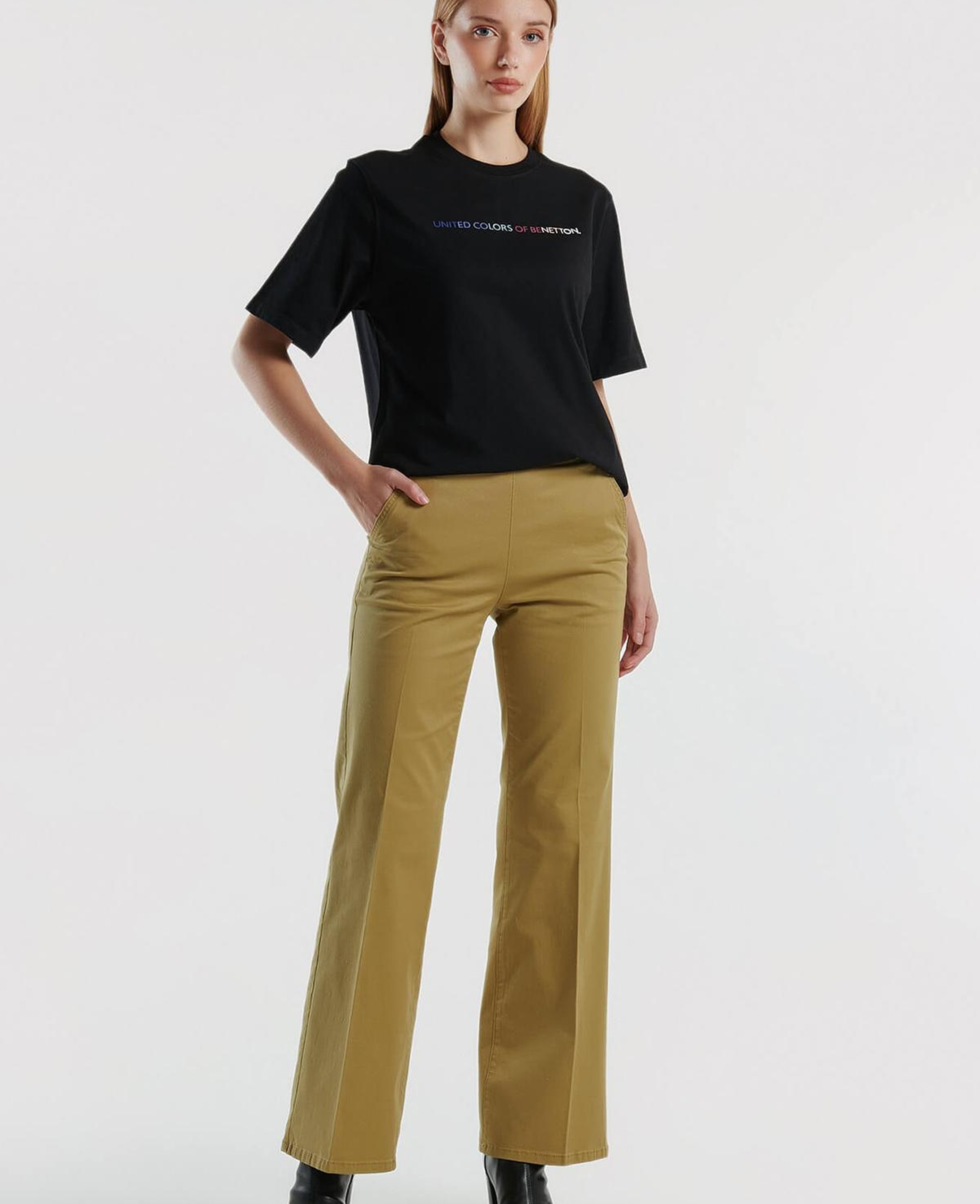 Kadın Hardal Pamuk Karışımlı Rahat İspanyol Paça Pantolon