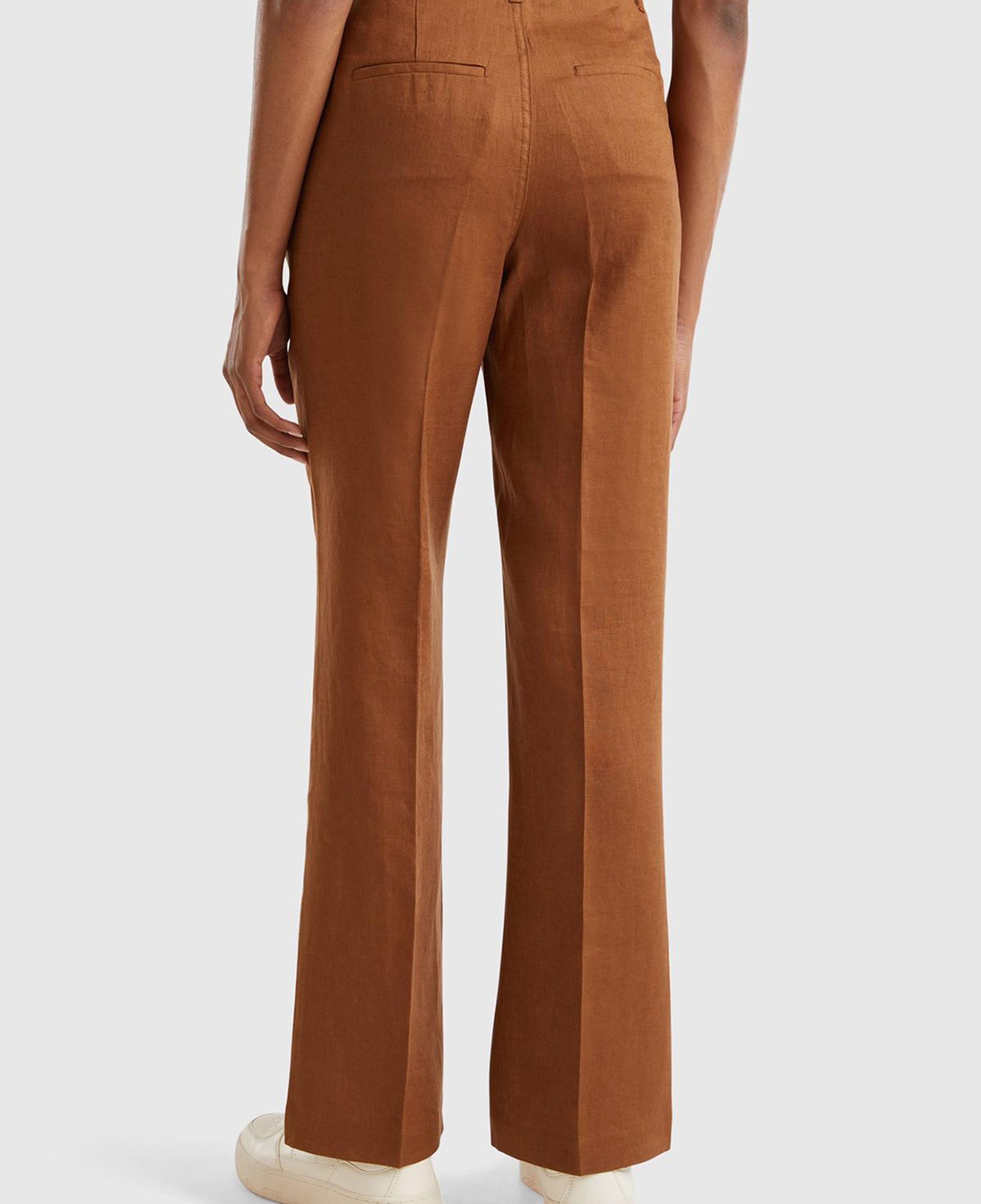 Kadın Kahverengi %100 Keten Arkası Şerit Cepli Düğme Kapamalı Pantolon
