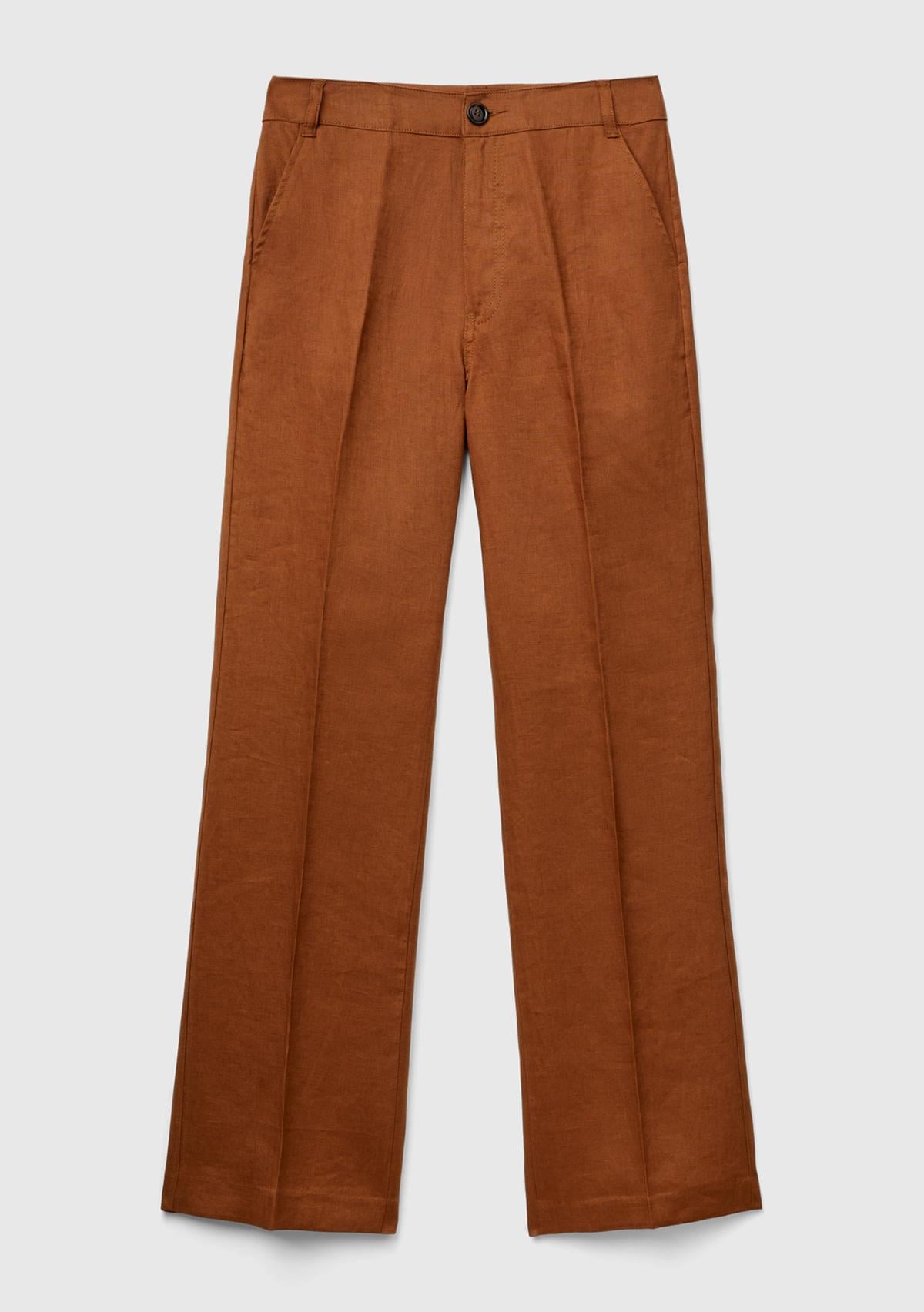 Kadın Kahverengi %100 Keten Arkası Şerit Cepli Düğme Kapamalı Pantolon