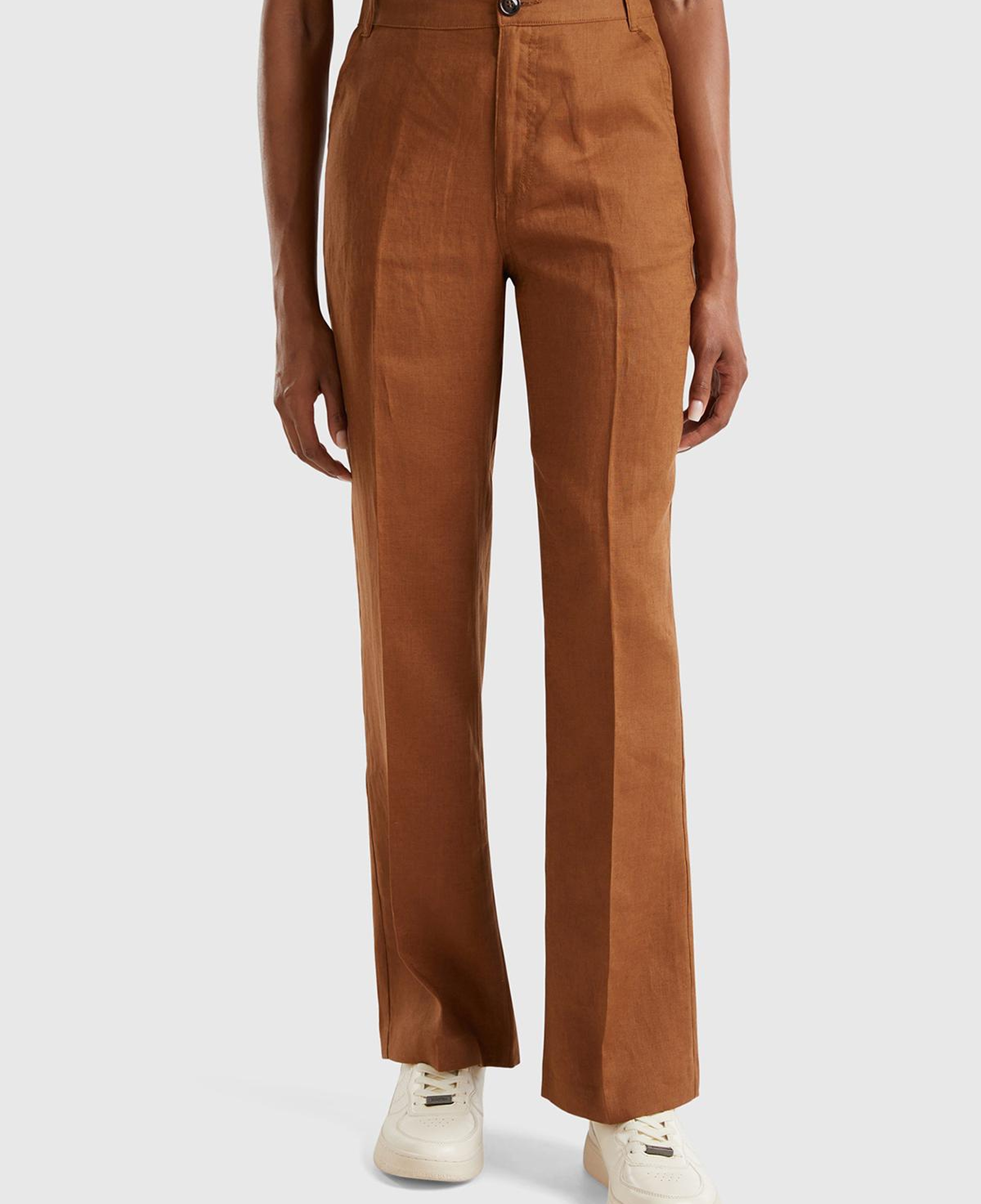 Kadın Kahverengi %100 Keten Arkası Şerit Cepli Düğme Kapamalı Pantolon