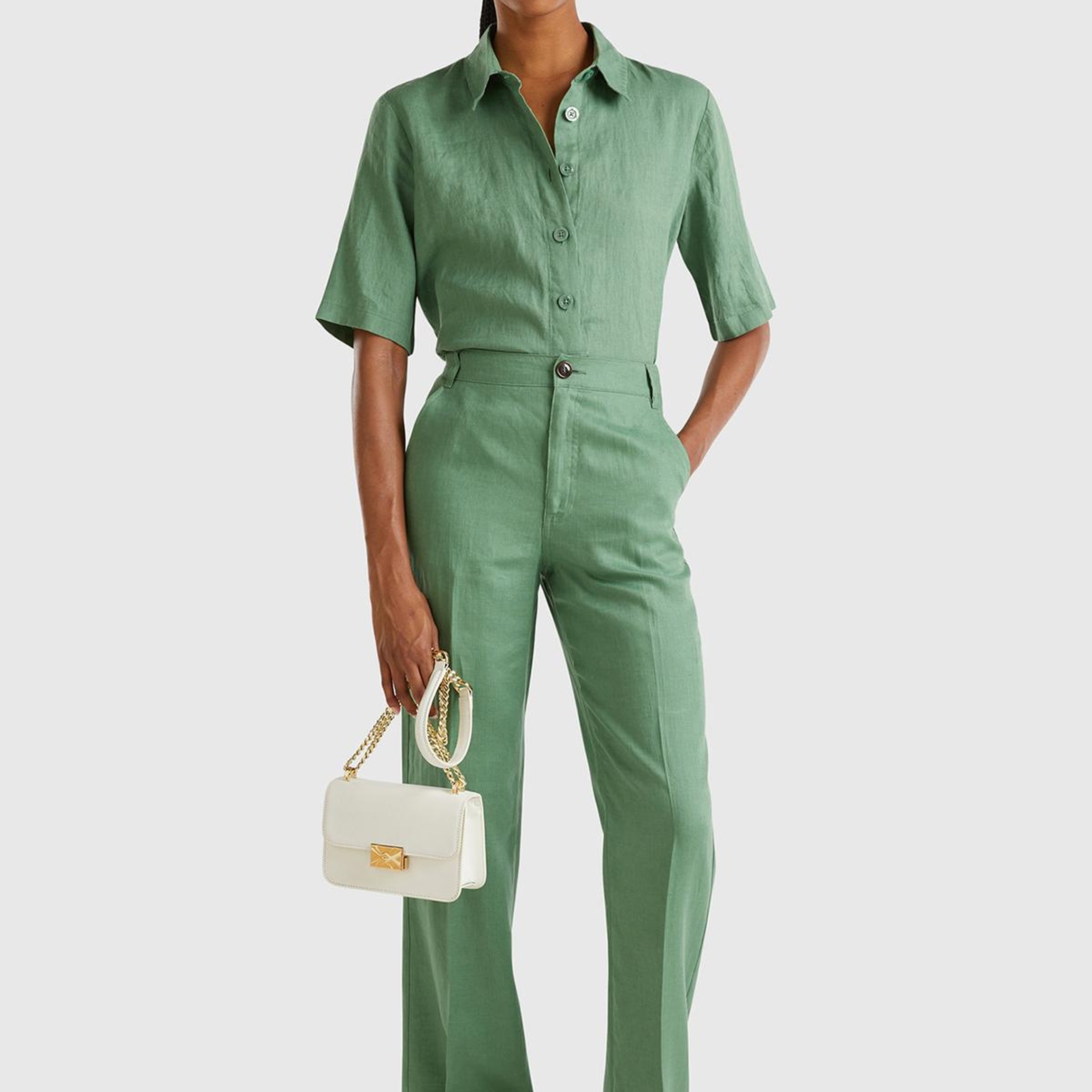 Kadın Mint Yeşili %100 Keten Arkası Şerit Cepli Düğme Kapamalı Pantolon