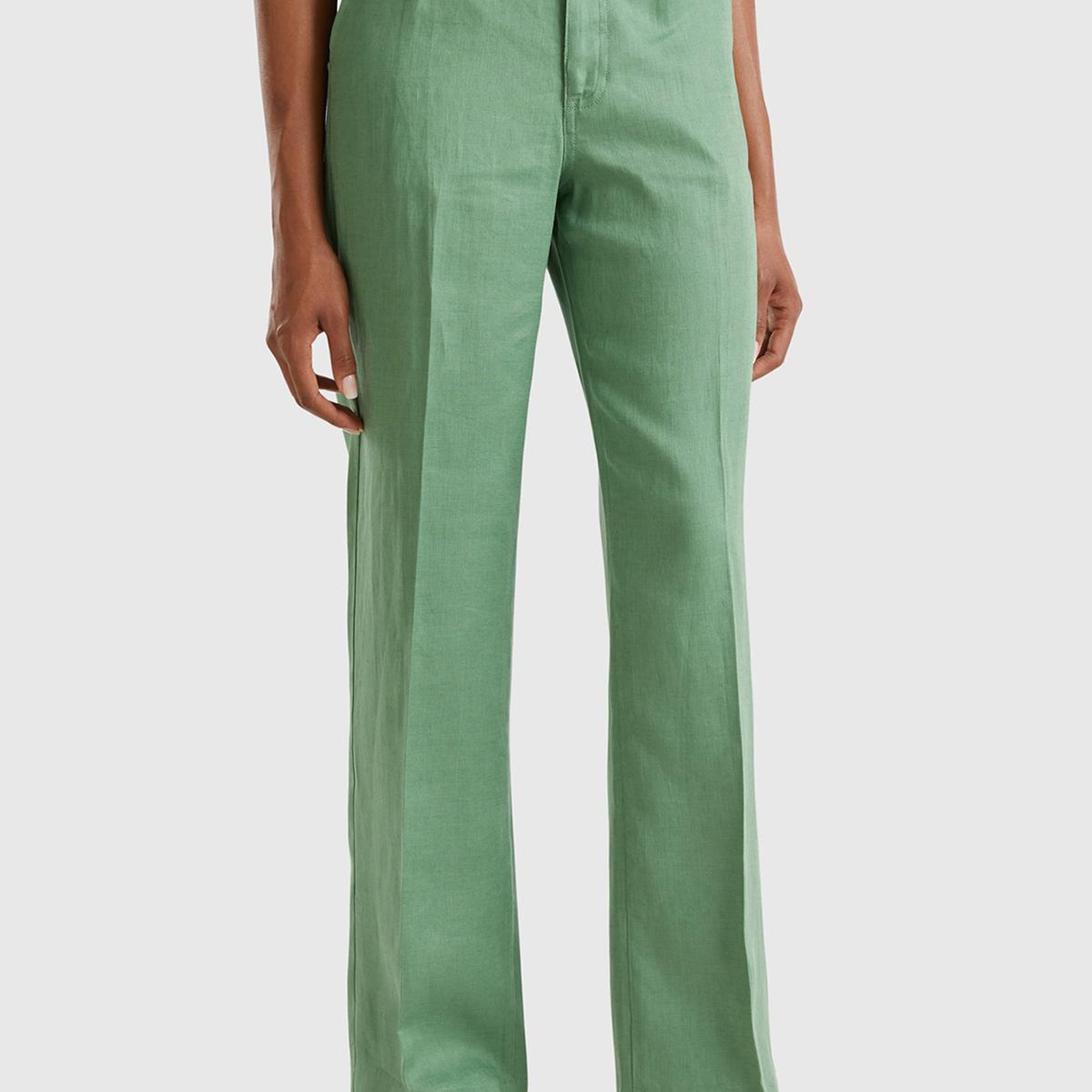 Kadın Mint Yeşili %100 Keten Arkası Şerit Cepli Düğme Kapamalı Pantolon