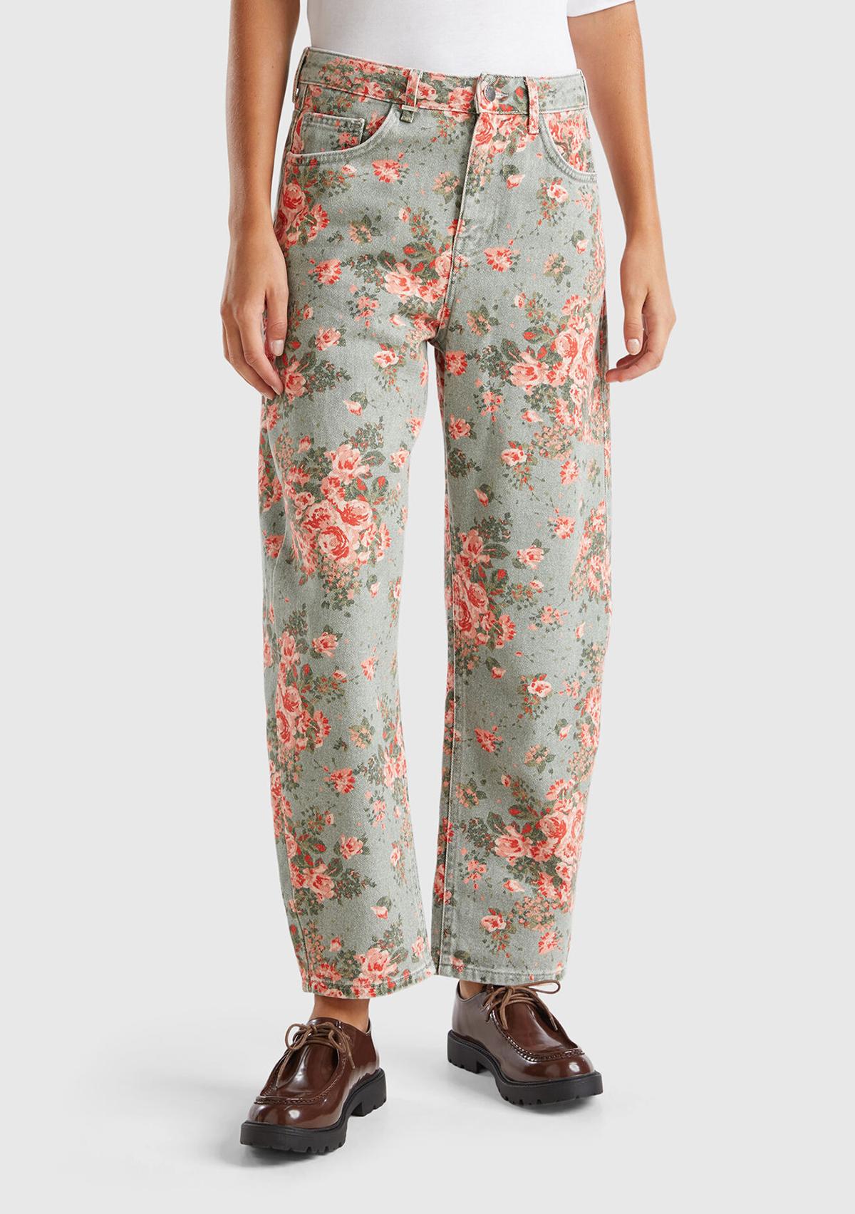 Kadın Yeşil %100 Pamuk Tamamı Çiçek Desenli 5 Cepli Balon Pantolon