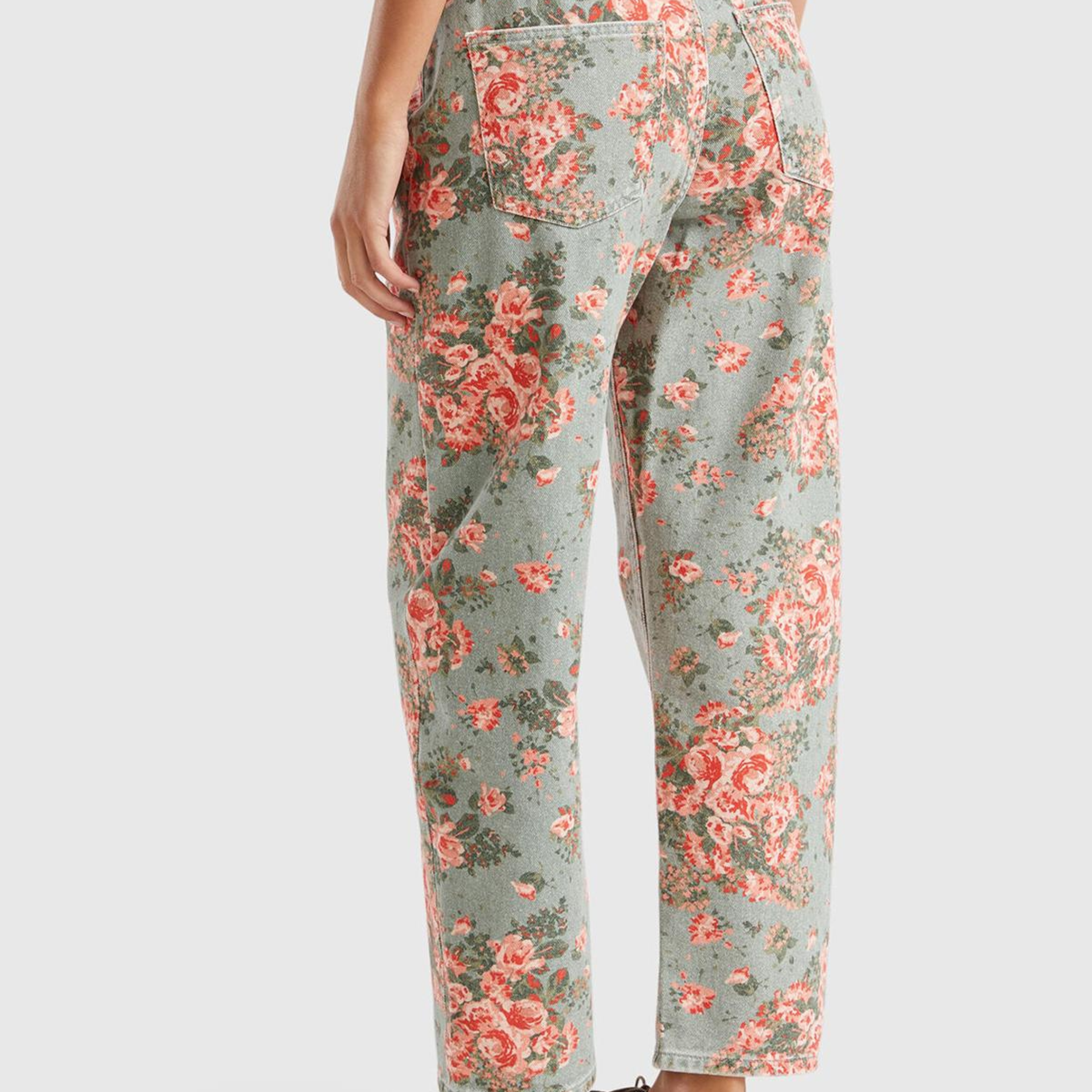 Kadın Yeşil %100 Pamuk Tamamı Çiçek Desenli 5 Cepli Balon Pantolon