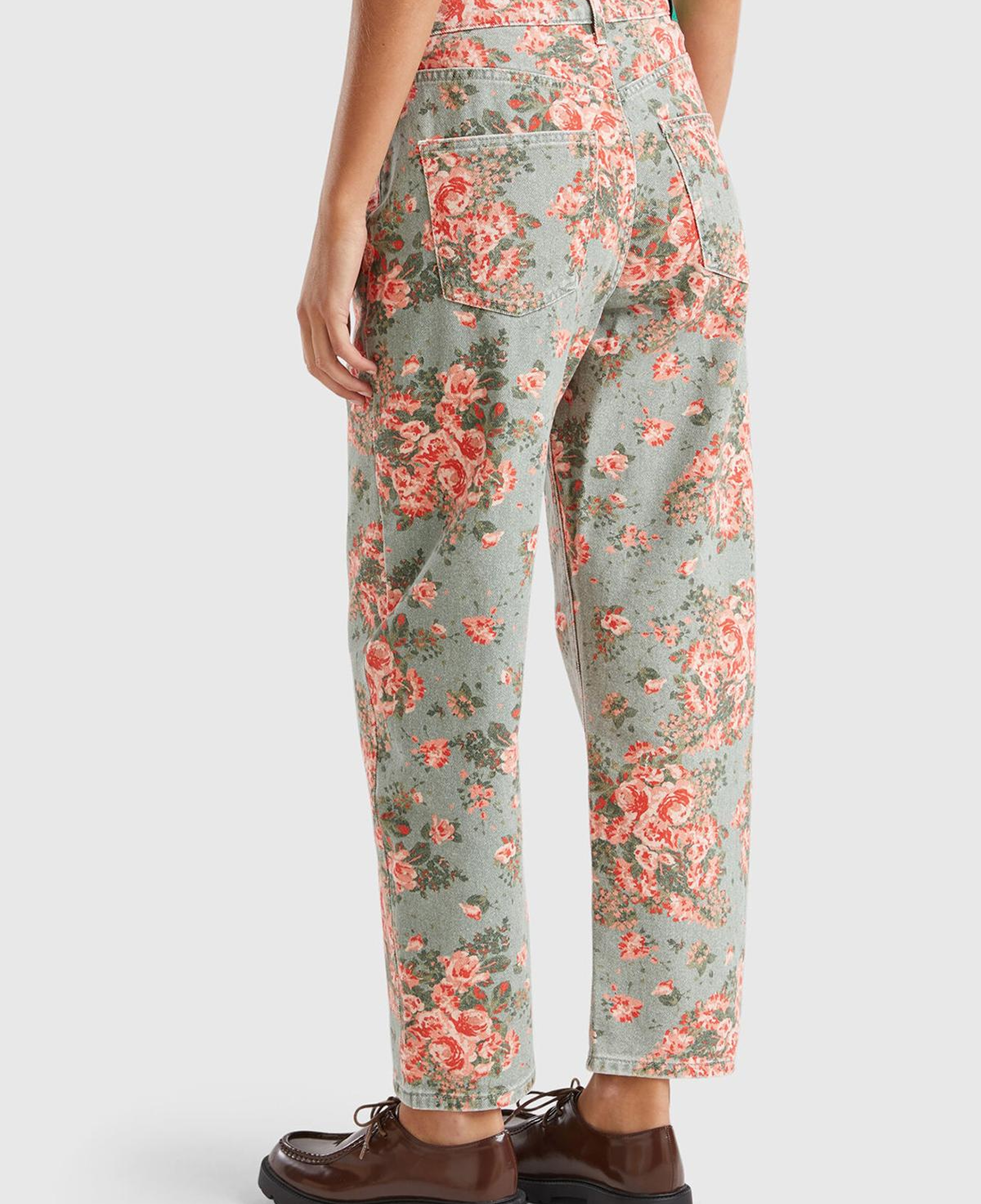 Kadın Yeşil %100 Pamuk Tamamı Çiçek Desenli 5 Cepli Balon Pantolon