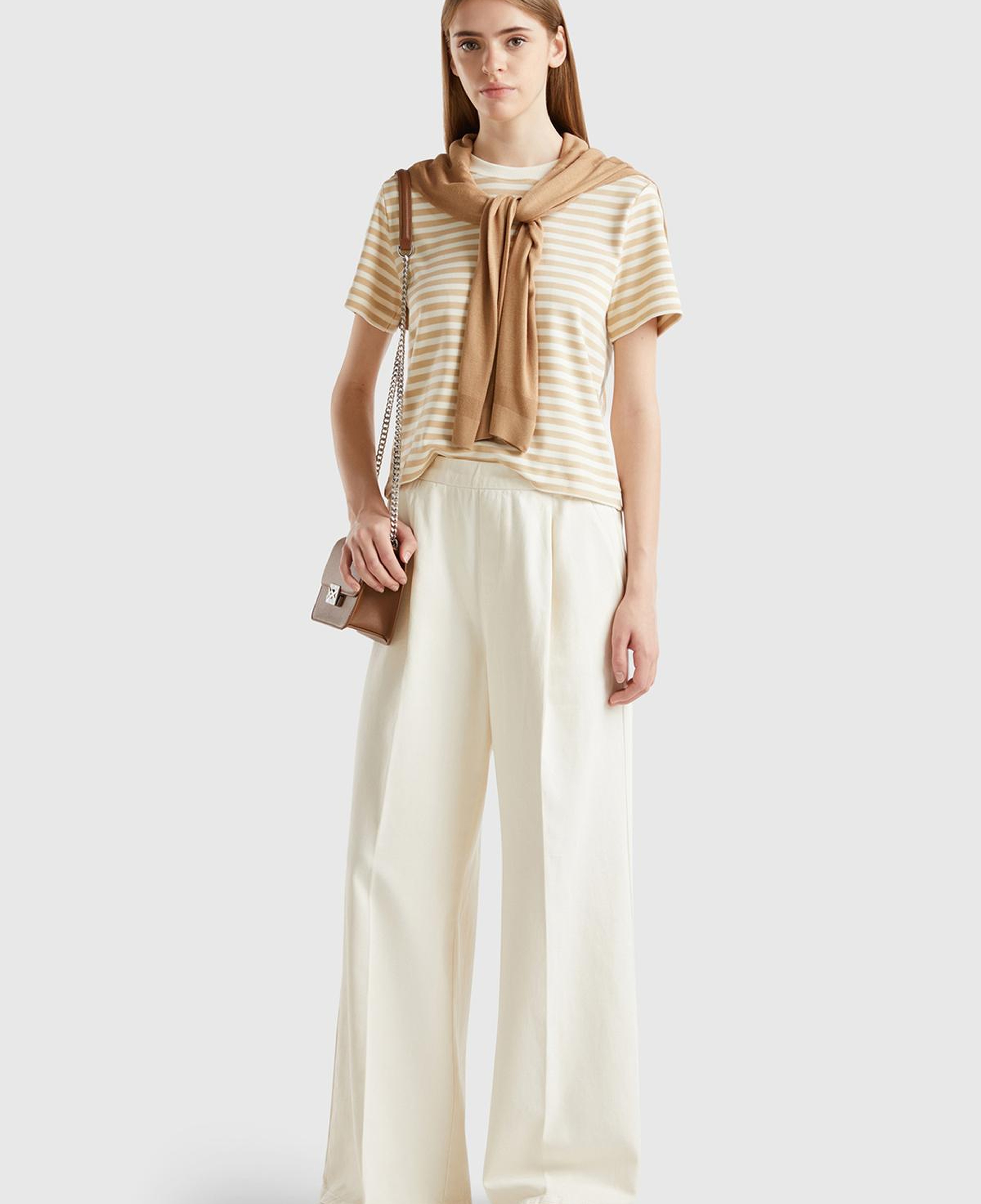 Kadın Krem %100 Pamuk Arkası Elastik Belli Bol Paça Pantolon