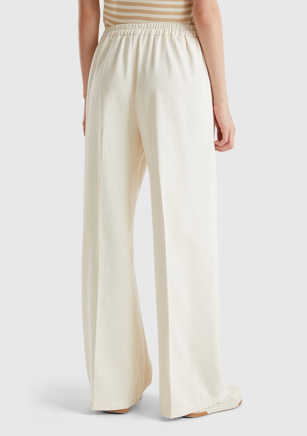 Kadın Krem %100 Pamuk Arkası Elastik Belli Bol Paça Pantolon
