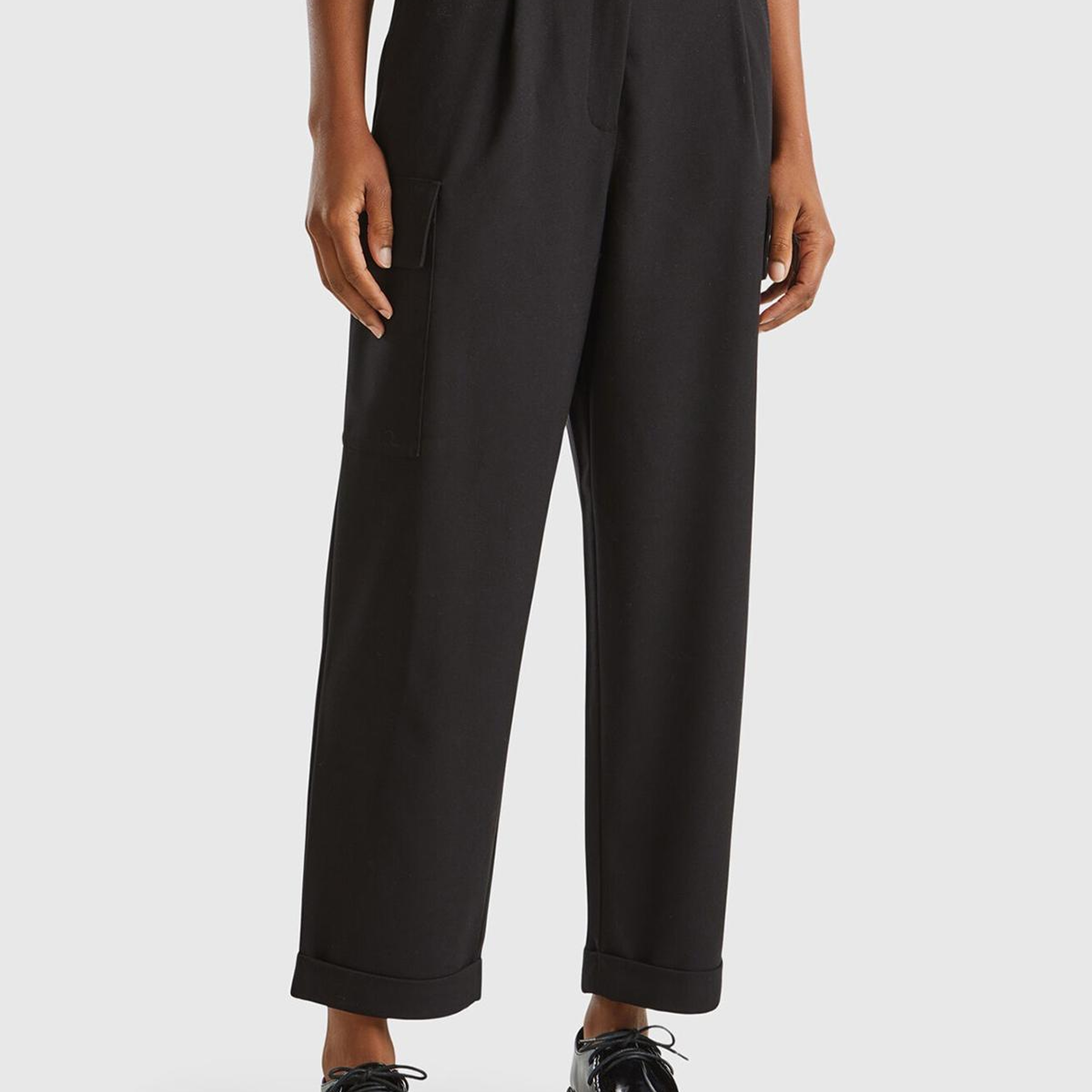 Kadın Siyah Yün ve Liyosel Karışımlı Cepli Yüksek Bel Kargo Pantolon