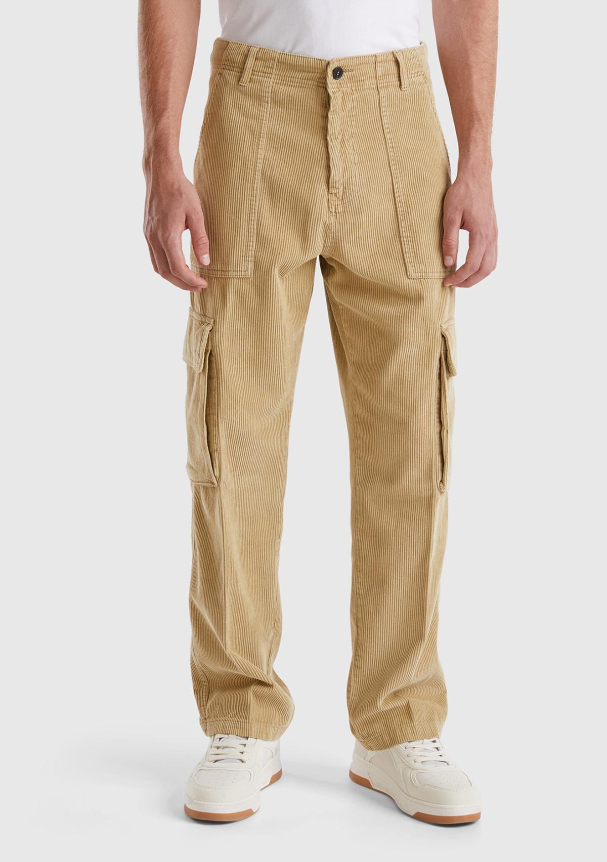 Erkek Bej %100 Pamuk Cep Detaylı Düz Paça Kargo Pantolon