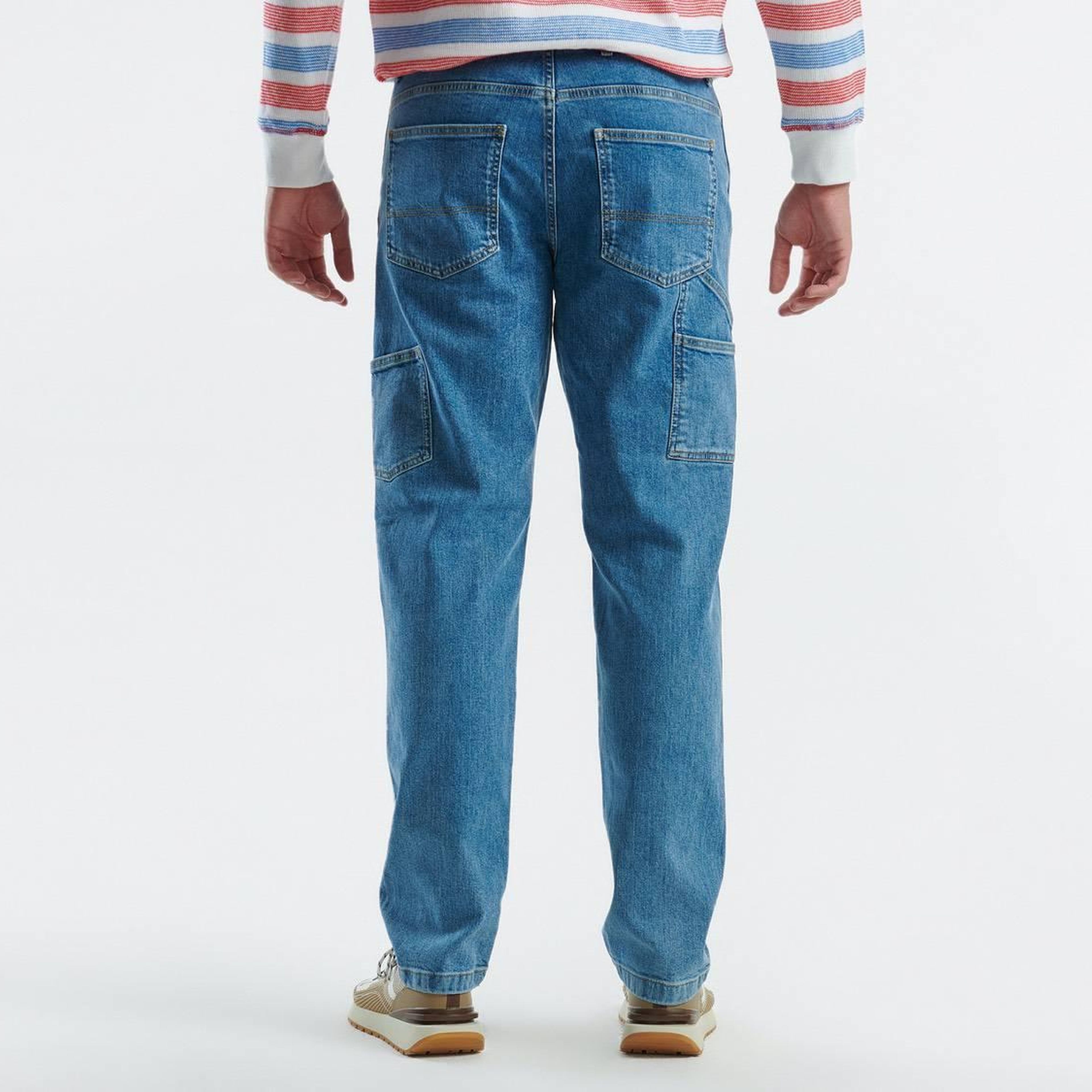 Erkek Mavi Pamuk Karışımlı Arkası Logo Etiketli Düz Paça Denim Pantolon