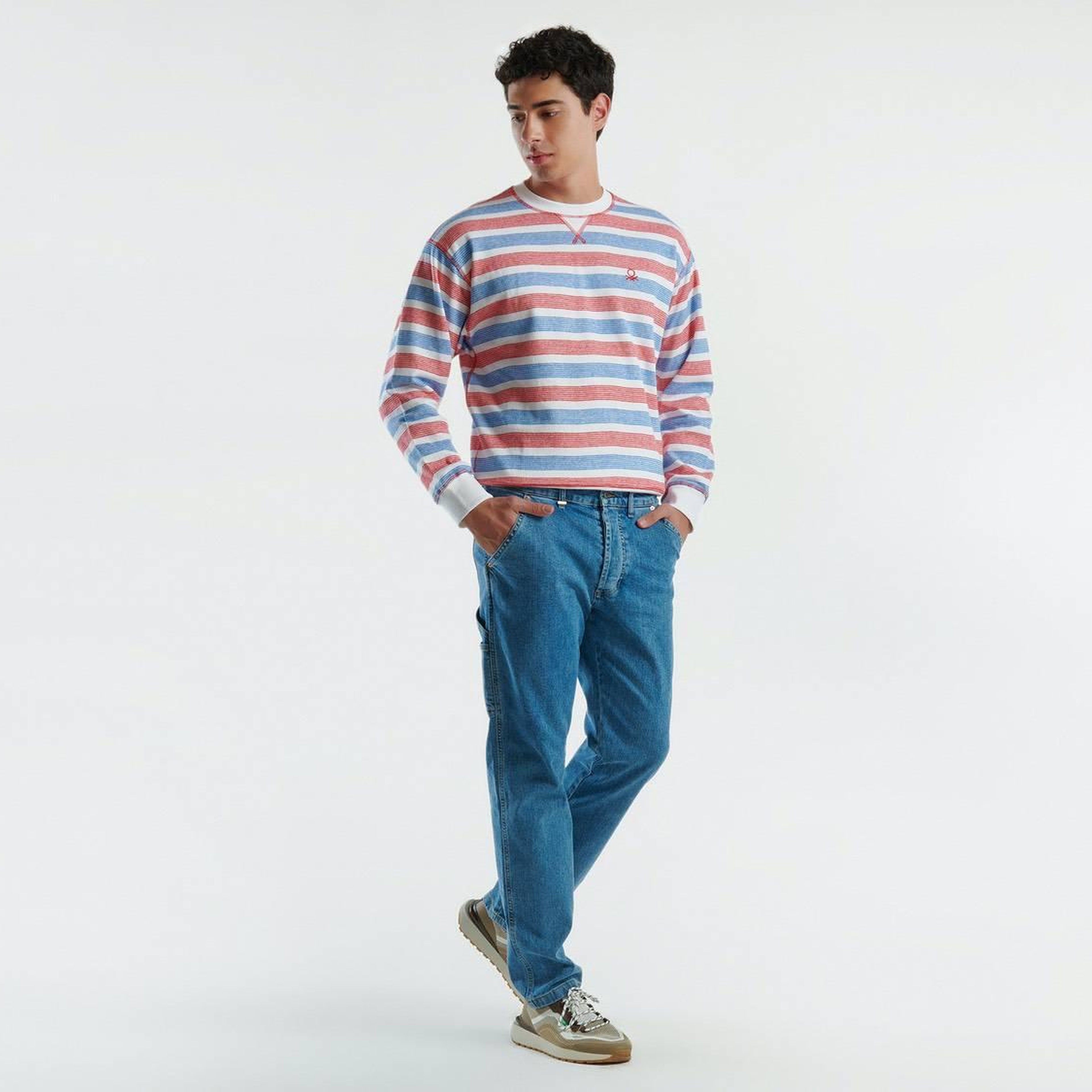 Erkek Mavi Pamuk Karışımlı Arkası Logo Etiketli Düz Paça Denim Pantolon