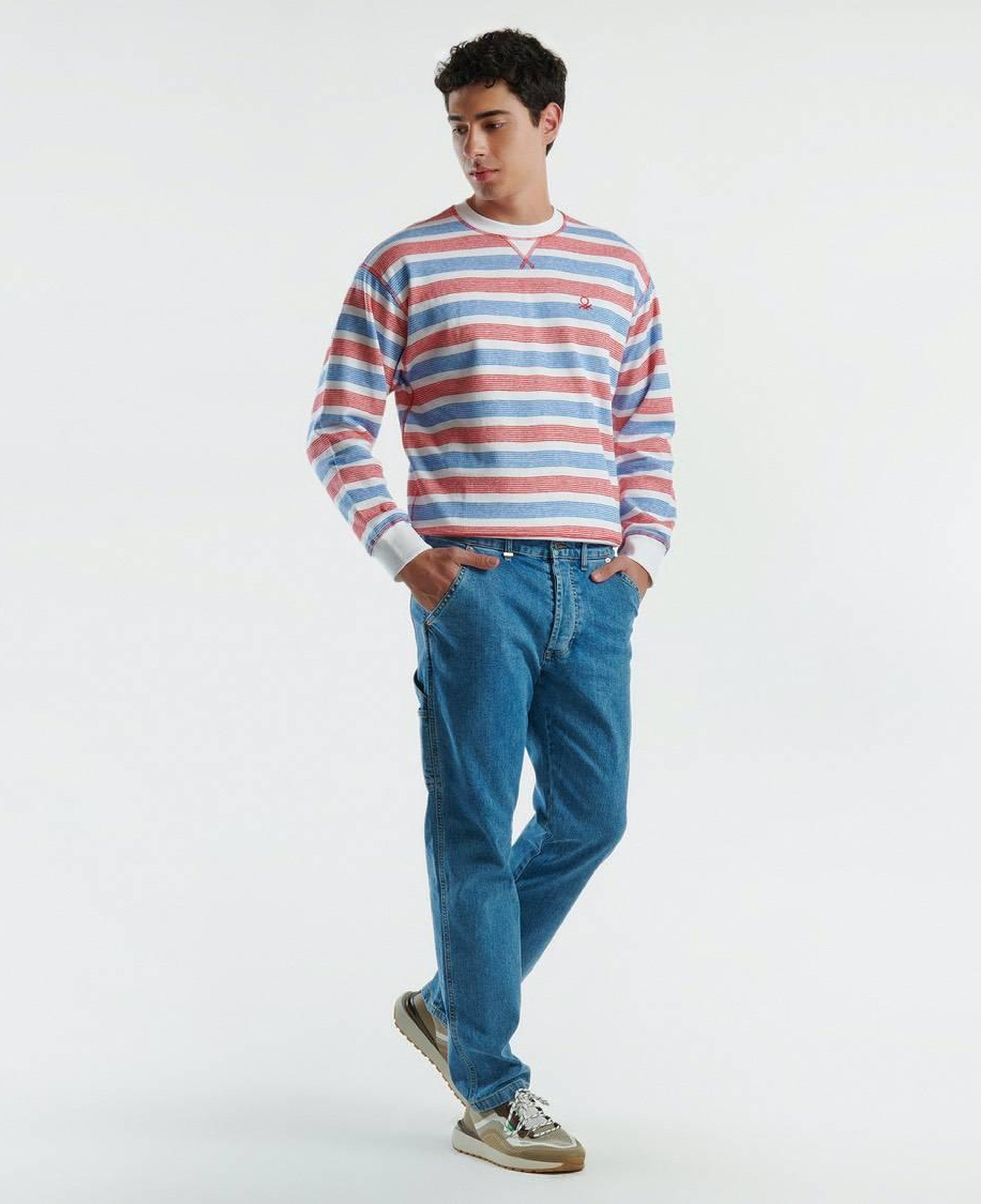 Erkek Mavi Pamuk Karışımlı Arkası Logo Etiketli Düz Paça Denim Pantolon