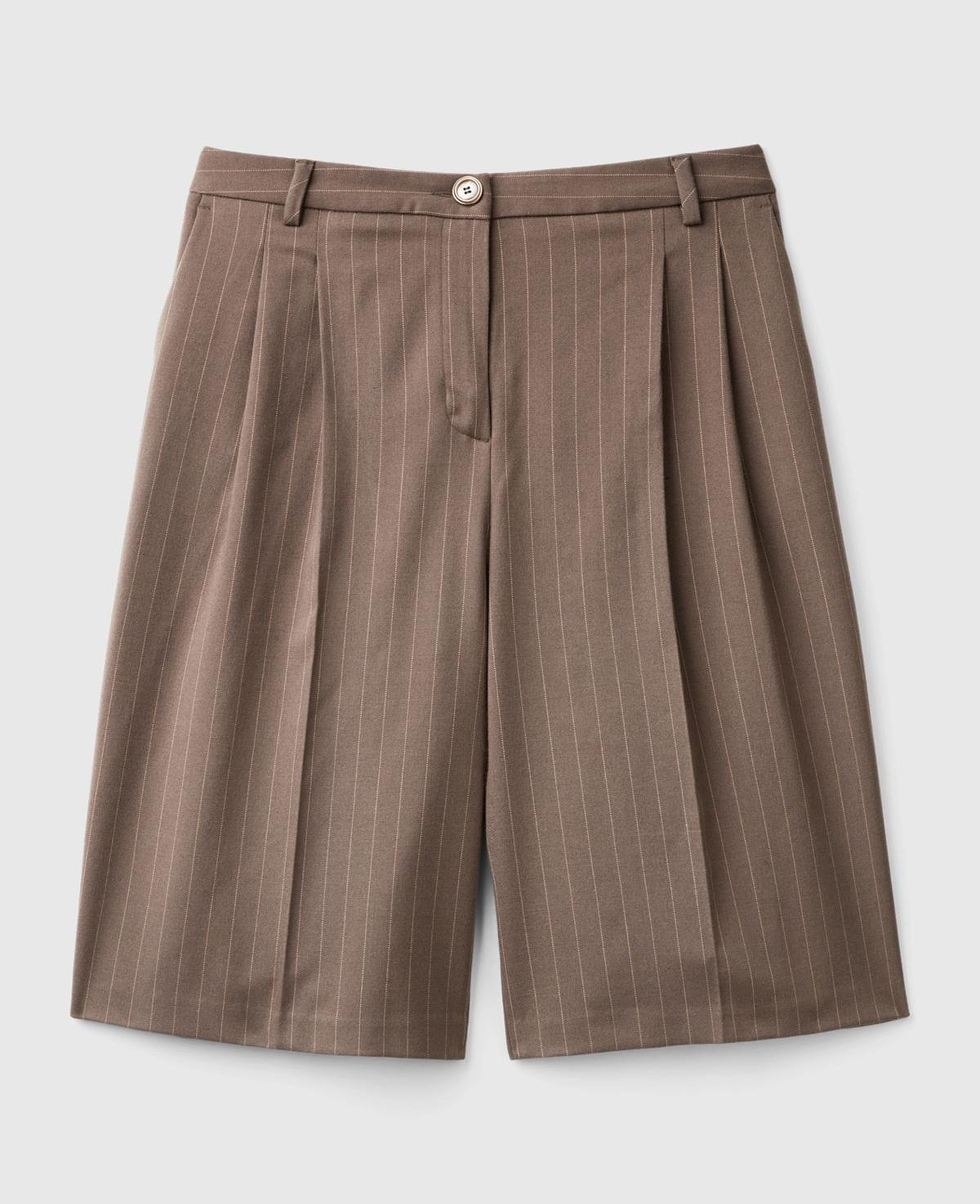 Kadın Taba Viskoz Karışımlı Pile Detaylı İnce Çizgili Bermuda Şort