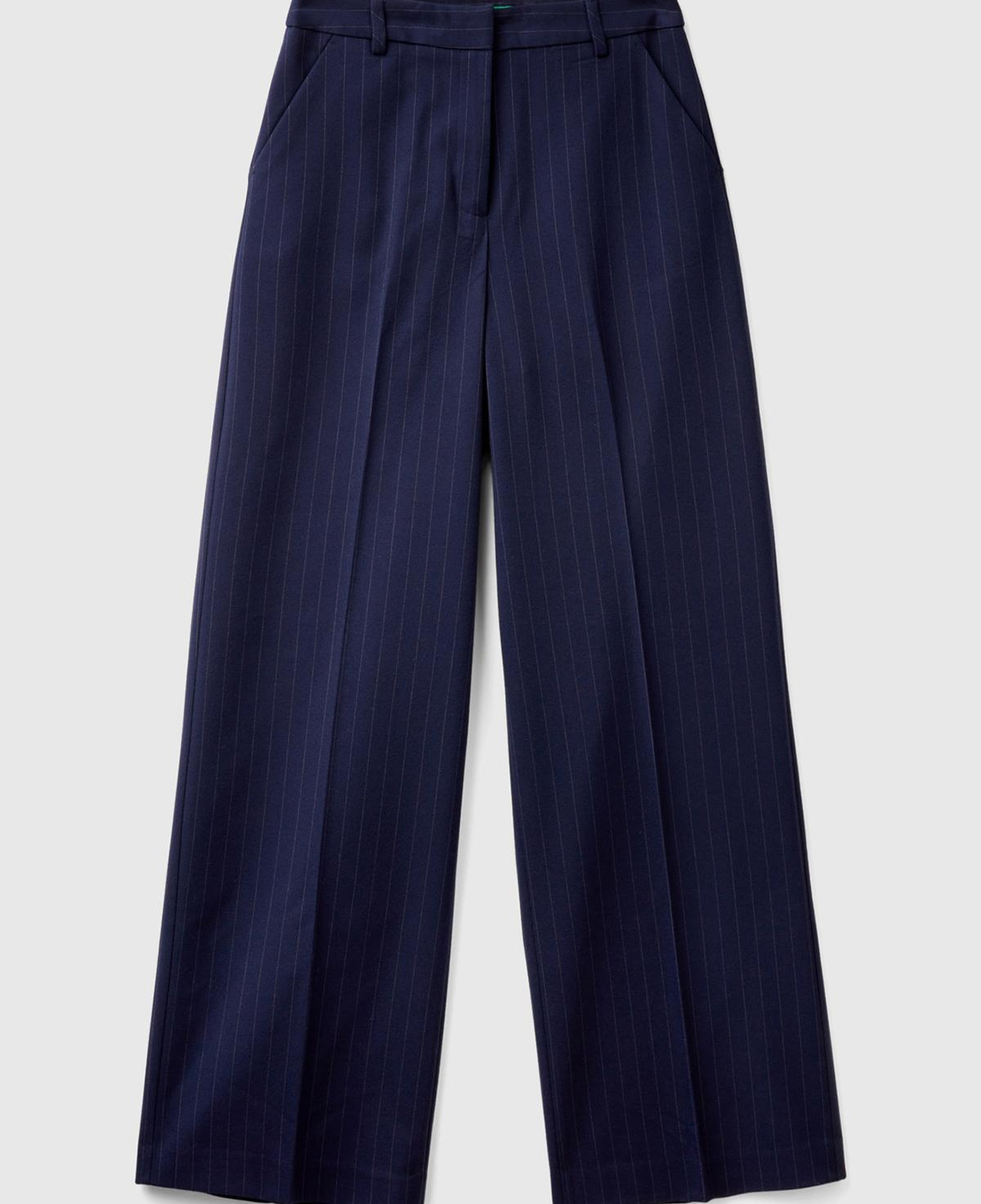 Kadın Lacivert Viskoz Karışımlı Önü Cepli İnce Çizgili Geniş Paça Pantolon