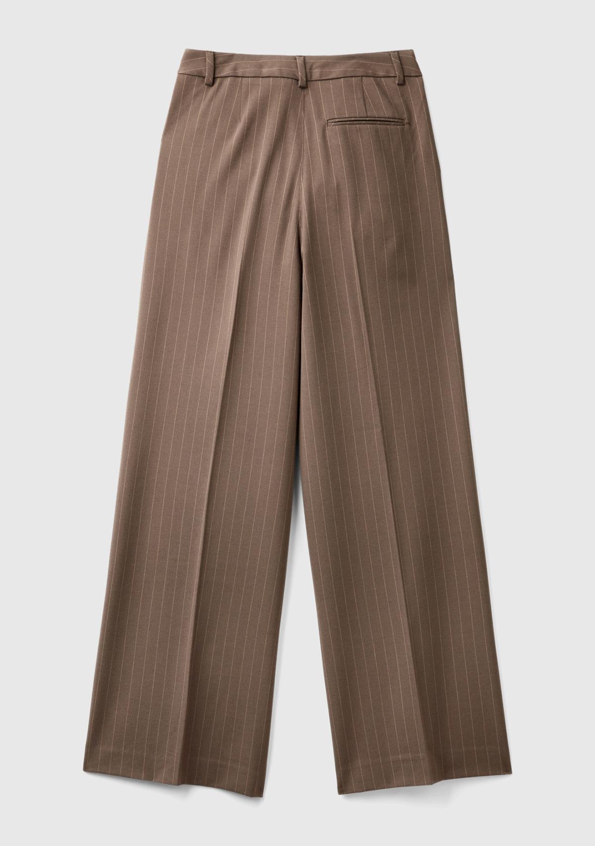 Kadın Taba Viskoz Karışımlı Önü Cepli İnce Çizgili Geniş Paça Pantolon