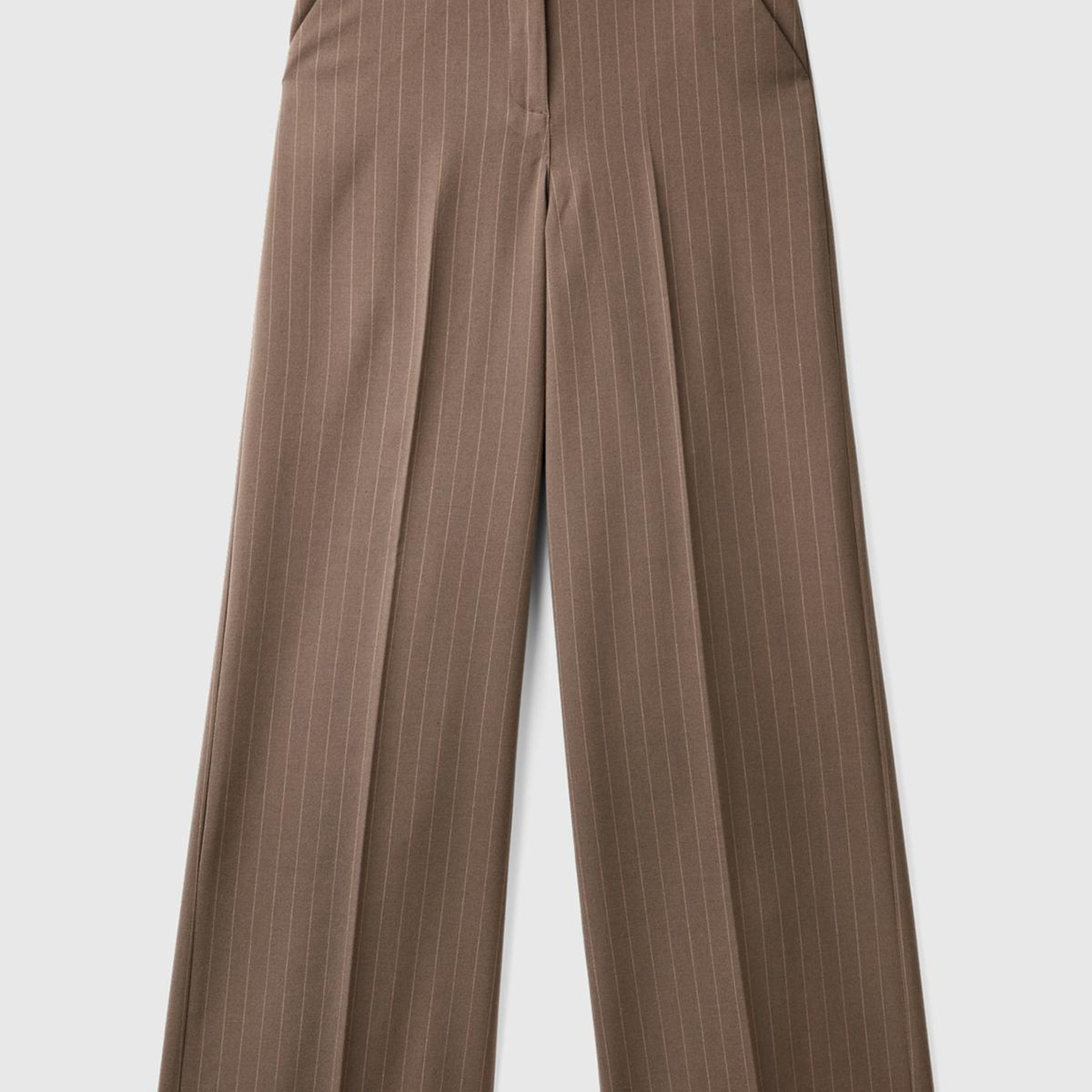 Kadın Taba Viskoz Karışımlı Önü Cepli İnce Çizgili Geniş Paça Pantolon