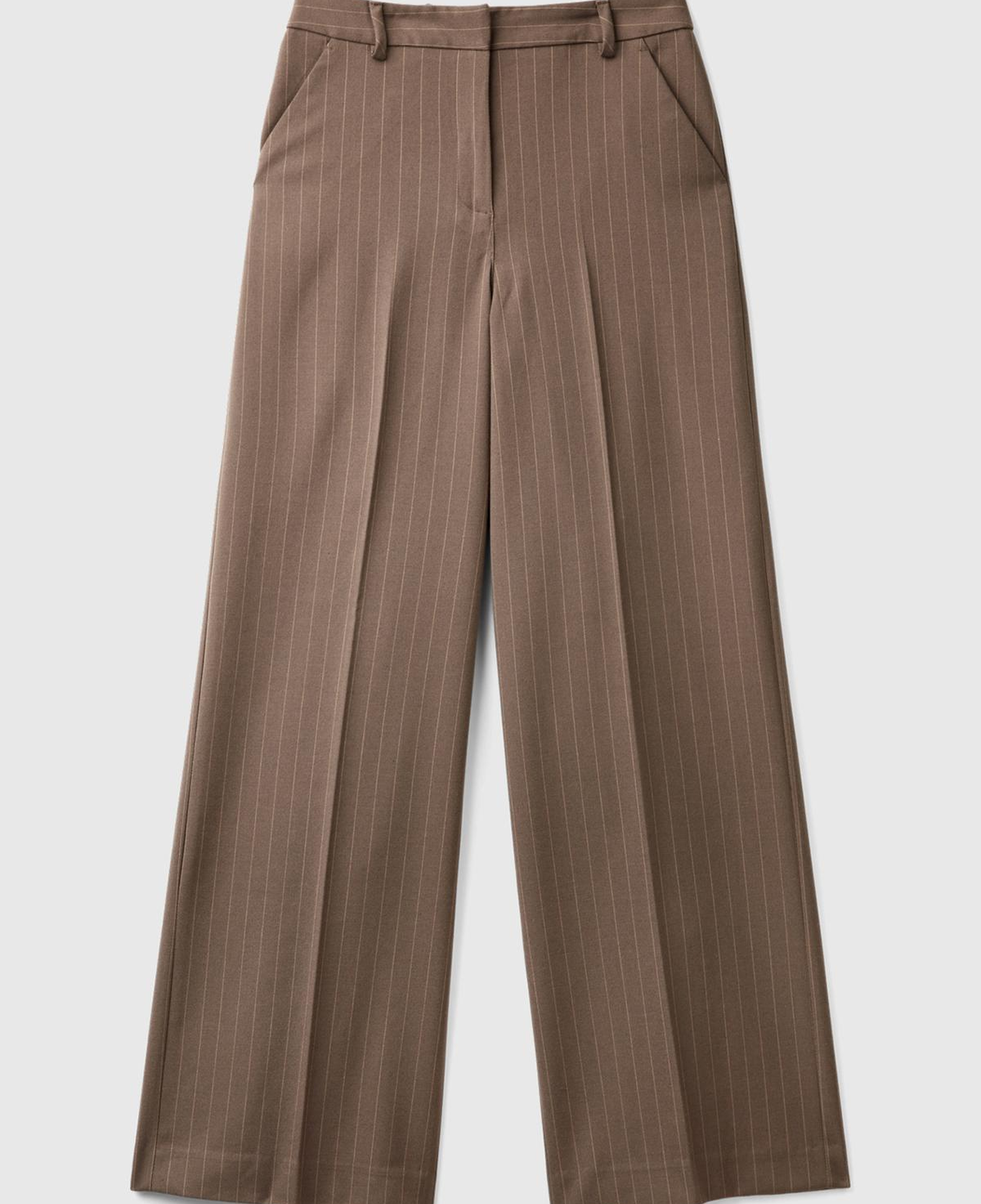 Kadın Taba Viskoz Karışımlı Önü Cepli İnce Çizgili Geniş Paça Pantolon