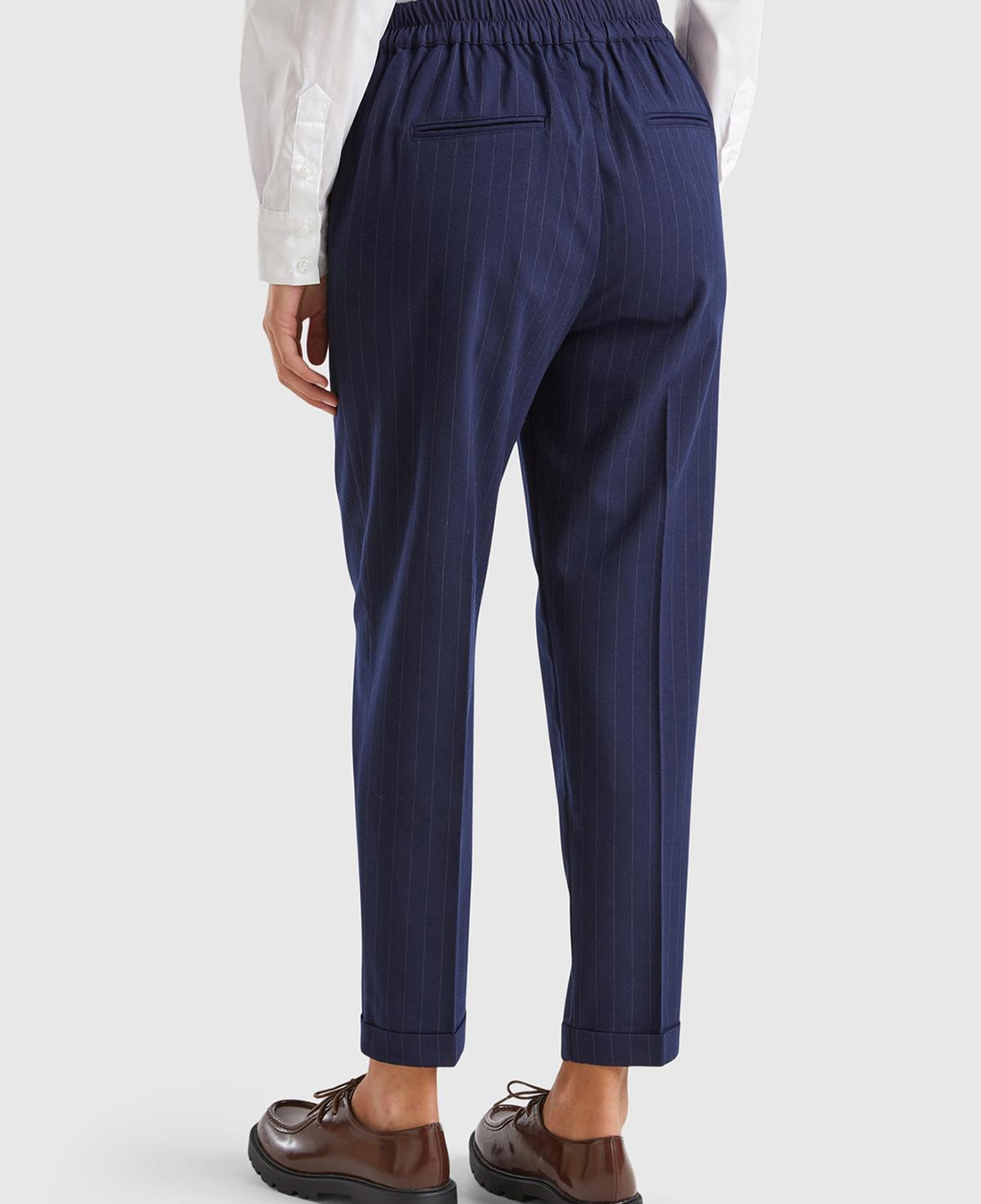 Kadın Lacivert Viskoz Karışımlı Beli Lastikli İnce Çizgili Jogger Pantolon