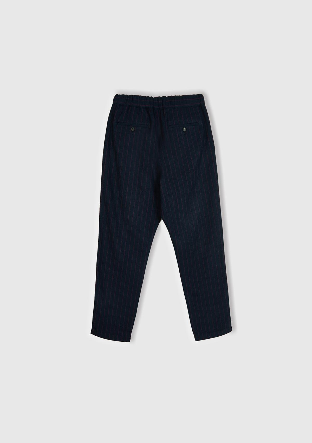 Erkek Koyu Mavi Yün ve Viskoz Karışımlı Arkası Biyeli Cepli Beli Elastik Pantolon