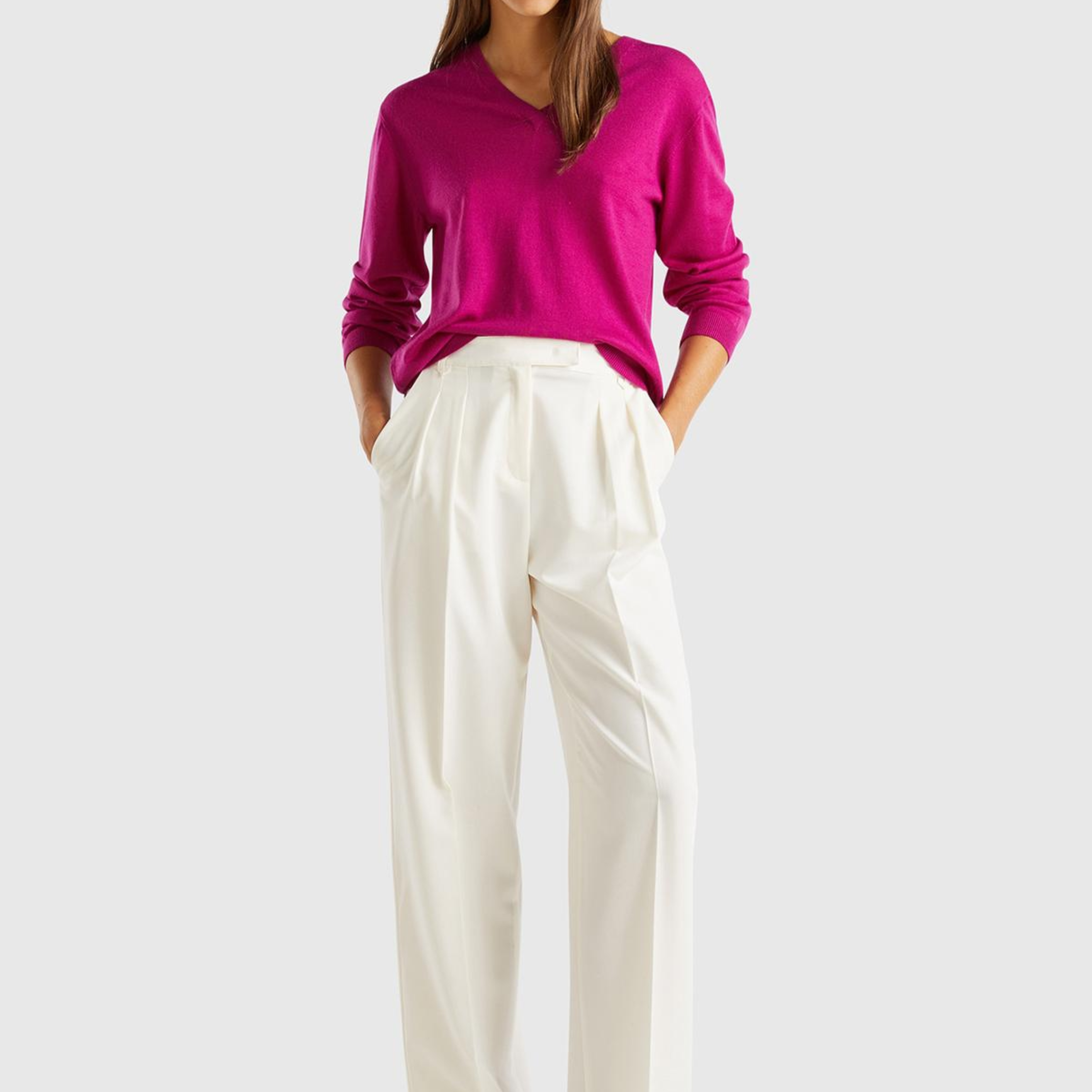 Kadın Krem Viskoz Karışımlı Arkası Kapaklı Cepli Geniş Paça Pantolon