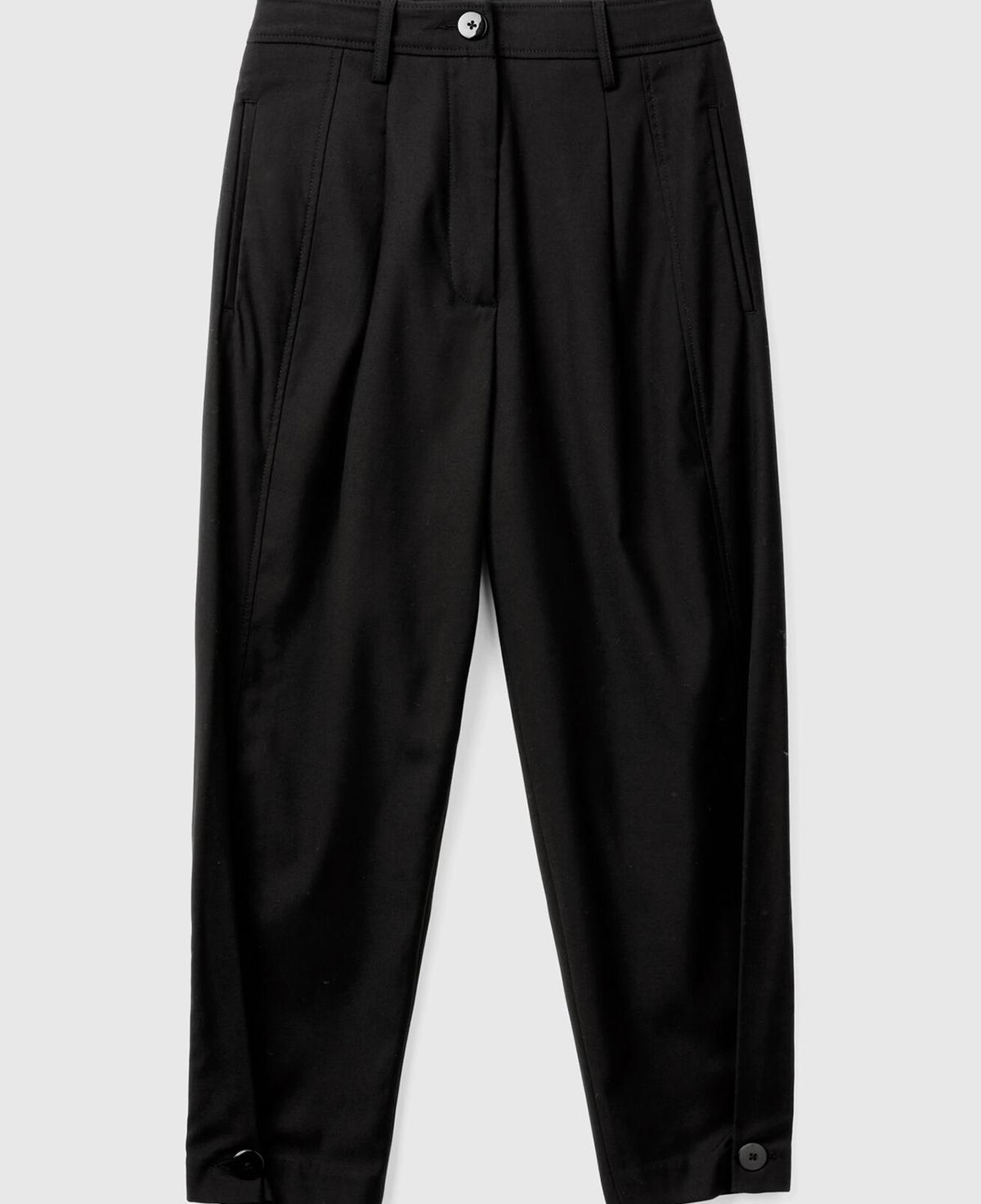 Kadın Siyah Yün ve Viskoz Karışımlı Paçası Düğme Detaylı Pantolon