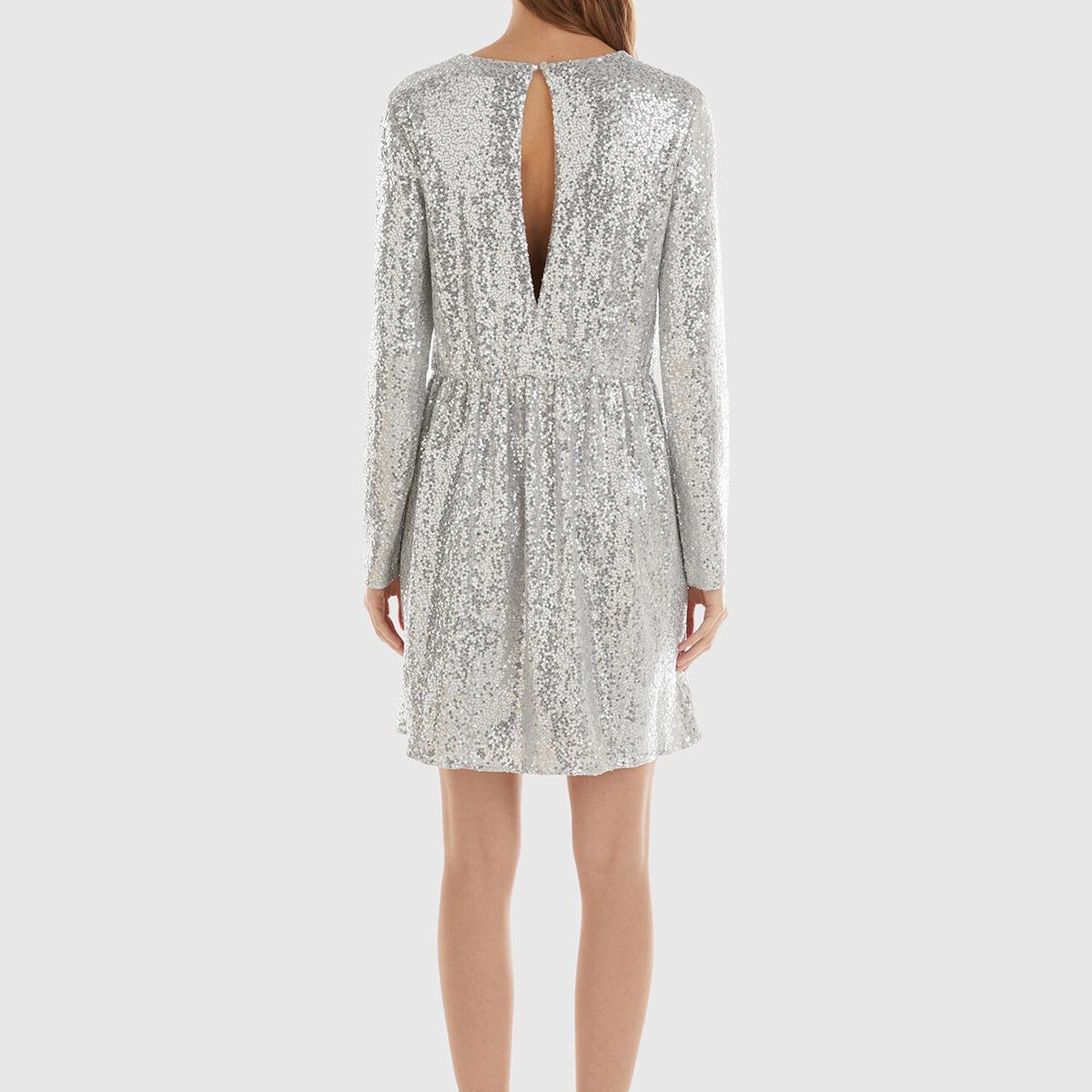 Kadın Gümüş İçi Jarse Astarlı Sırt Detaylı Uzun Kollu Simli Elbise