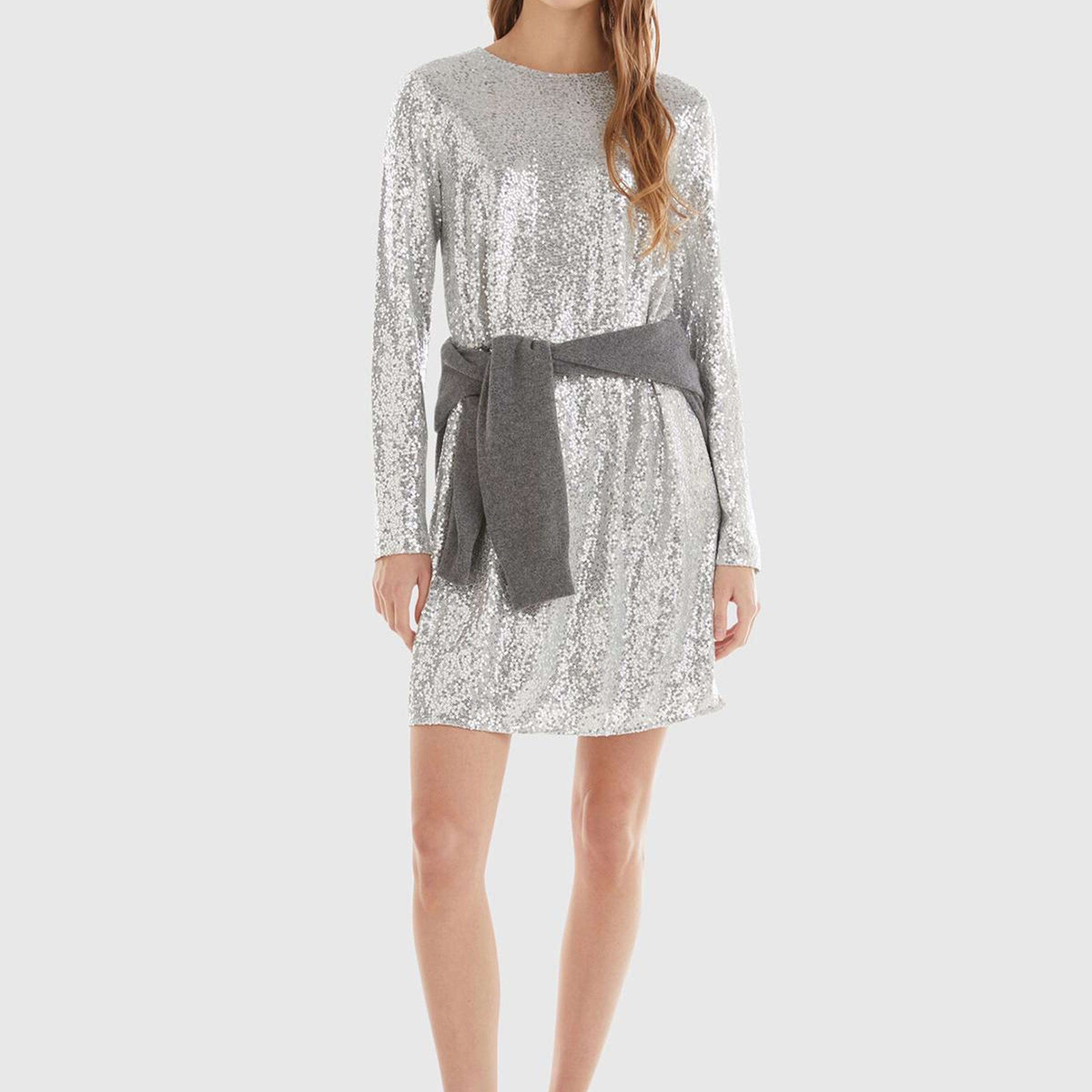 Kadın Gümüş İçi Jarse Astarlı Sırt Detaylı Uzun Kollu Simli Elbise