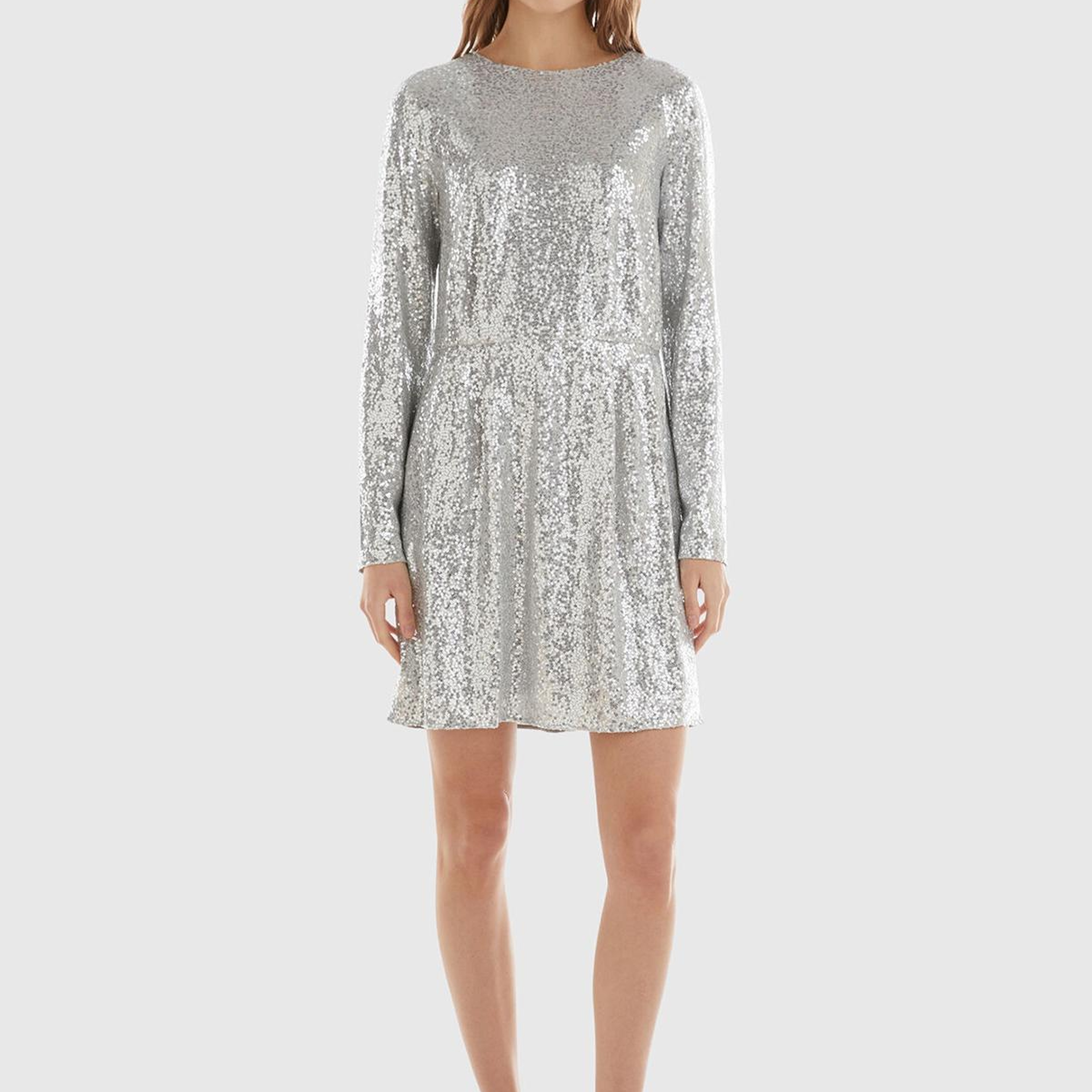 Kadın Gümüş İçi Jarse Astarlı Sırt Detaylı Uzun Kollu Simli Elbise