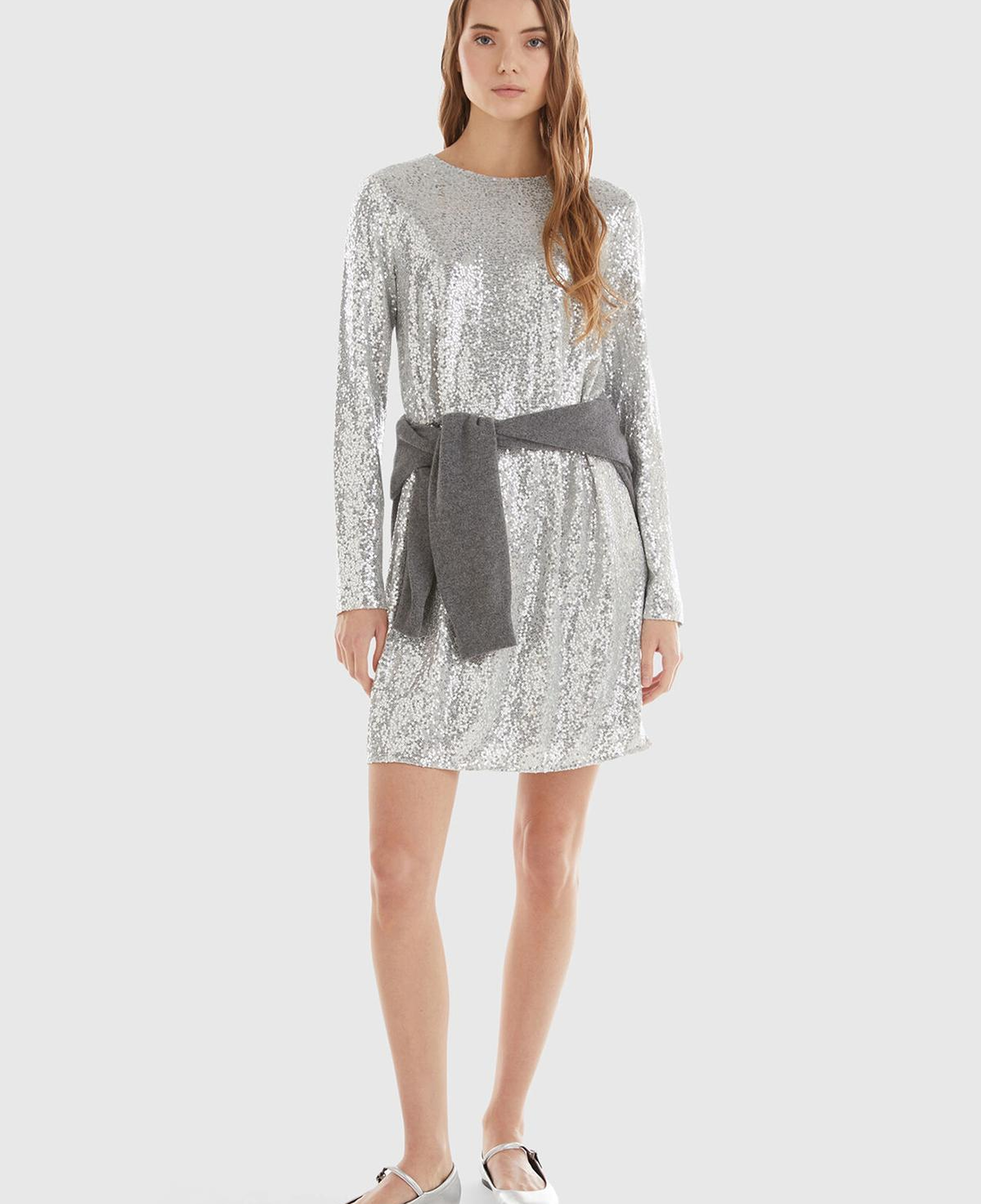 Kadın Gümüş İçi Jarse Astarlı Sırt Detaylı Uzun Kollu Simli Elbise