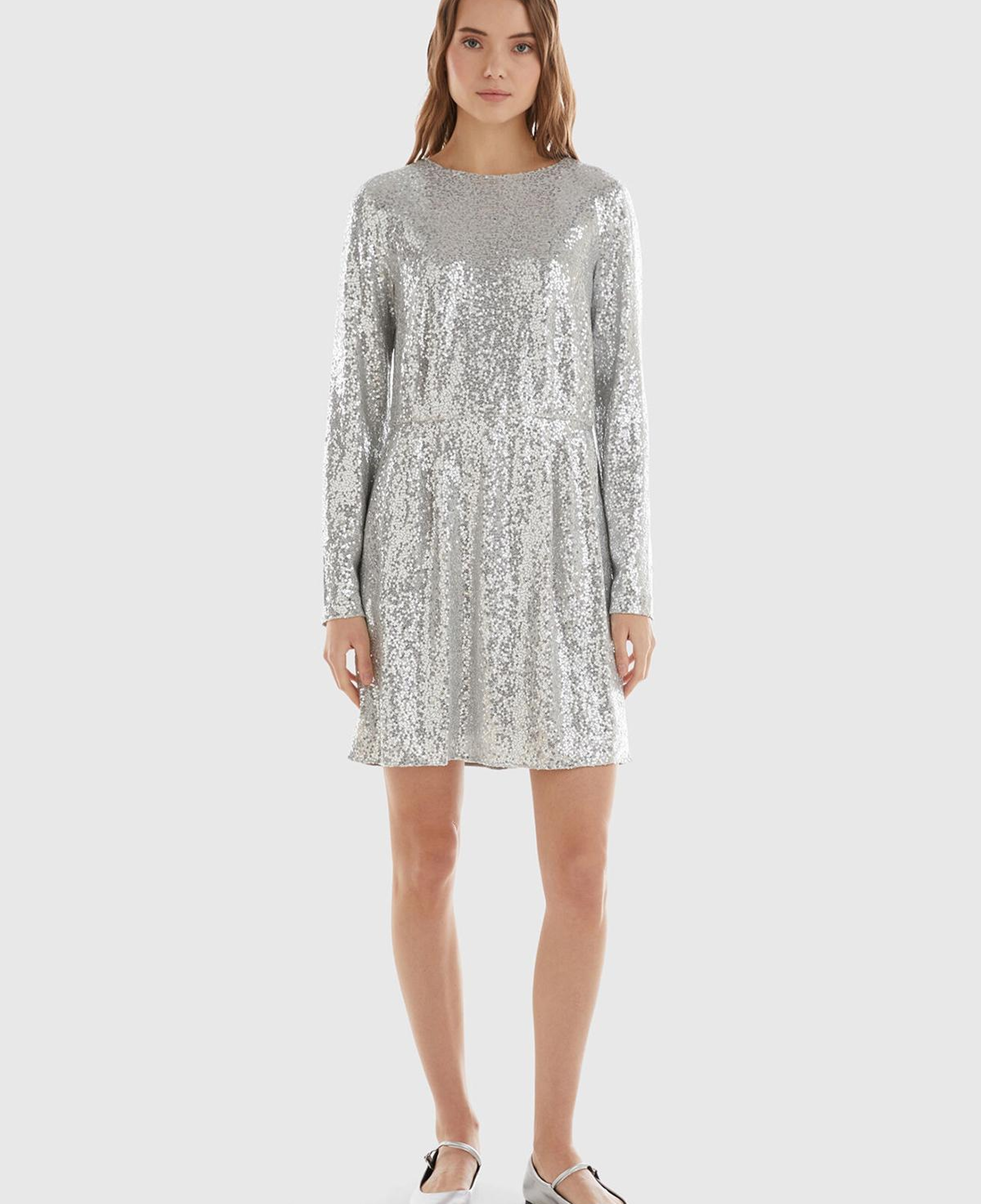 Kadın Gümüş İçi Jarse Astarlı Sırt Detaylı Uzun Kollu Simli Elbise