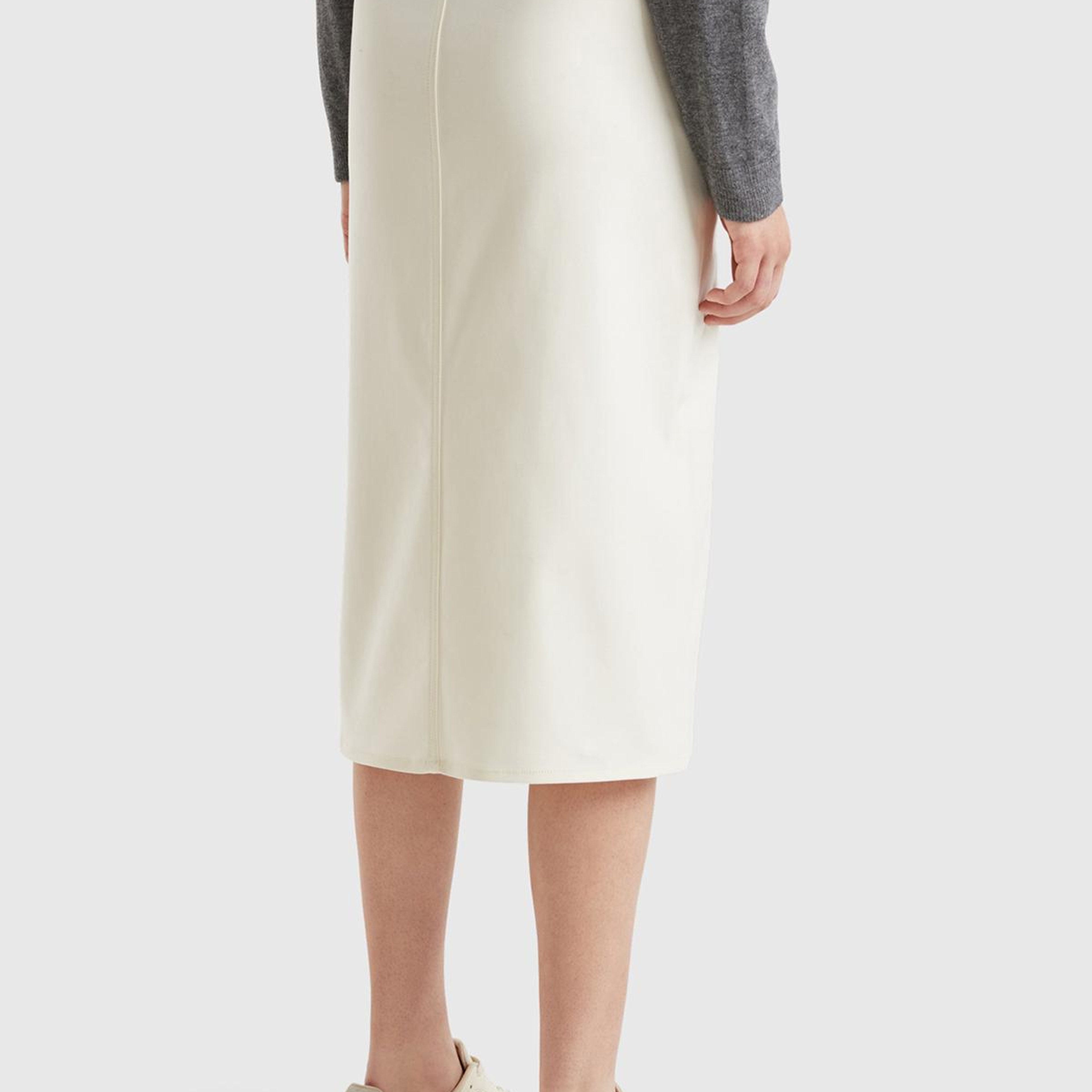 Kadın Krem Pamuk ve Viskoz Karışımlı Ortası Yırtmaçlı Midi Etek