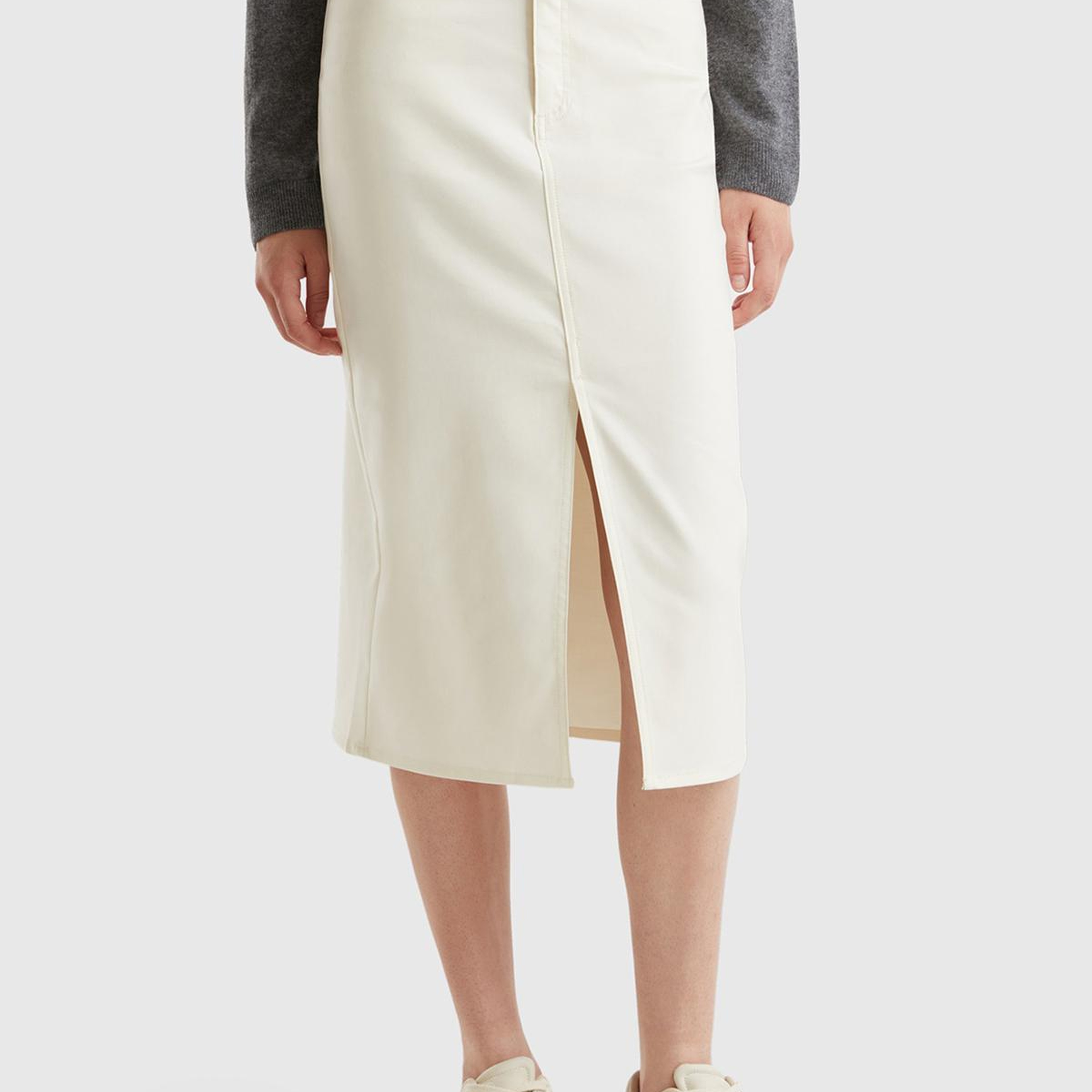 Kadın Krem Pamuk ve Viskoz Karışımlı Ortası Yırtmaçlı Midi Etek