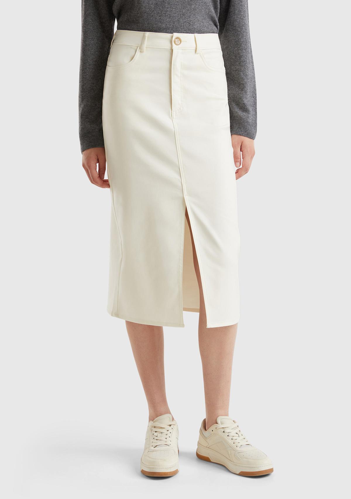 Kadın Krem Pamuk ve Viskoz Karışımlı Ortası Yırtmaçlı Midi Etek