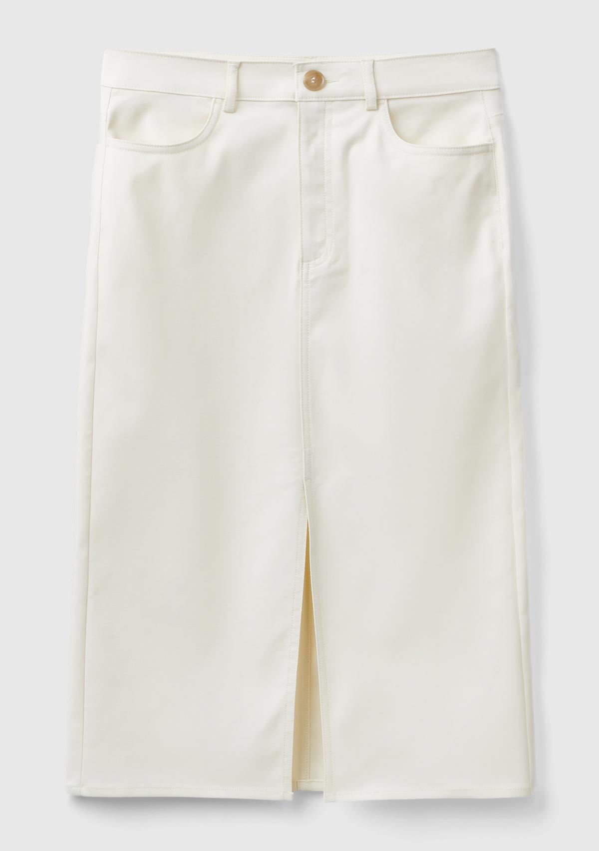 Kadın Krem Pamuk ve Viskoz Karışımlı Ortası Yırtmaçlı Midi Etek