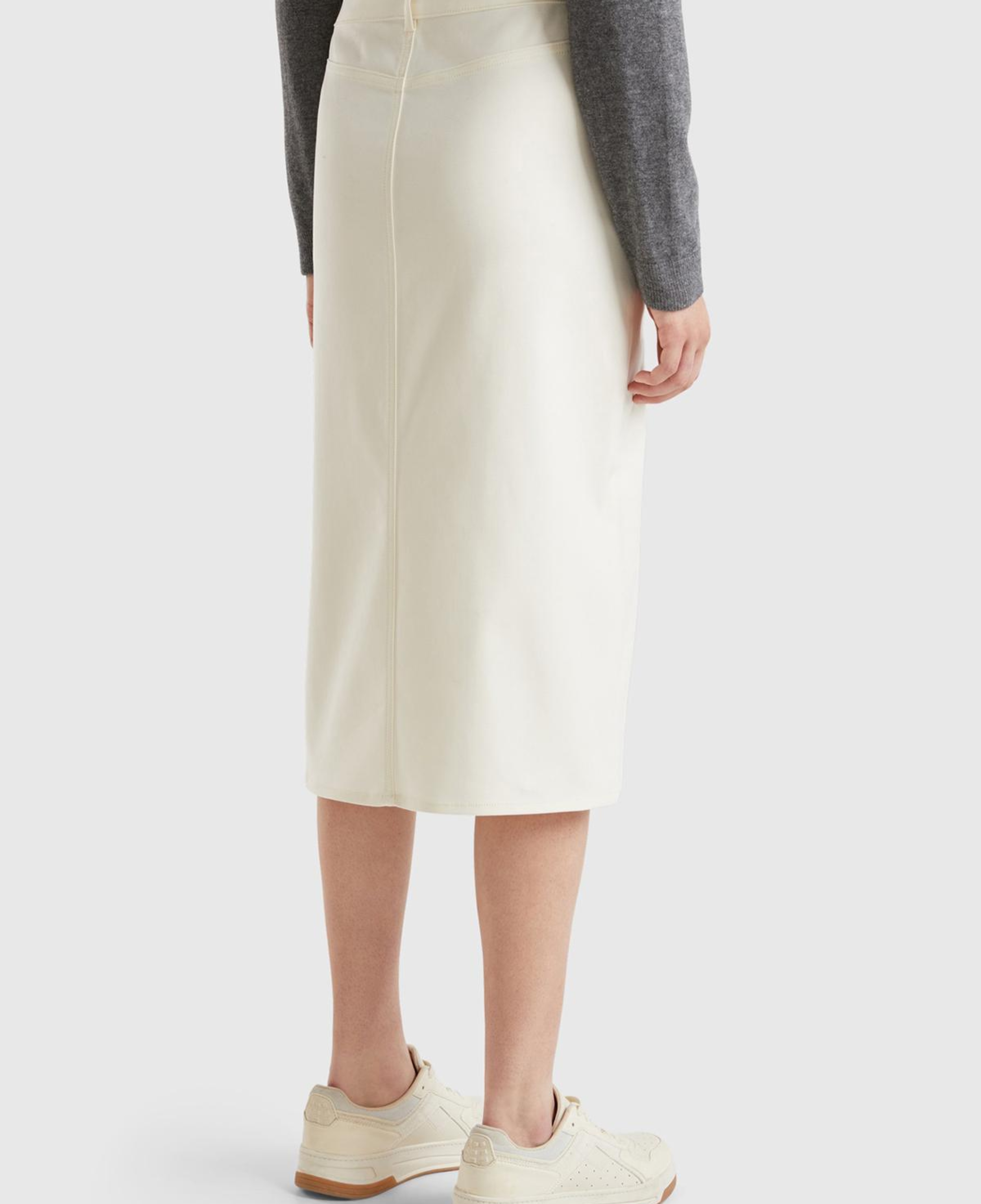 Kadın Krem Pamuk ve Viskoz Karışımlı Ortası Yırtmaçlı Midi Etek