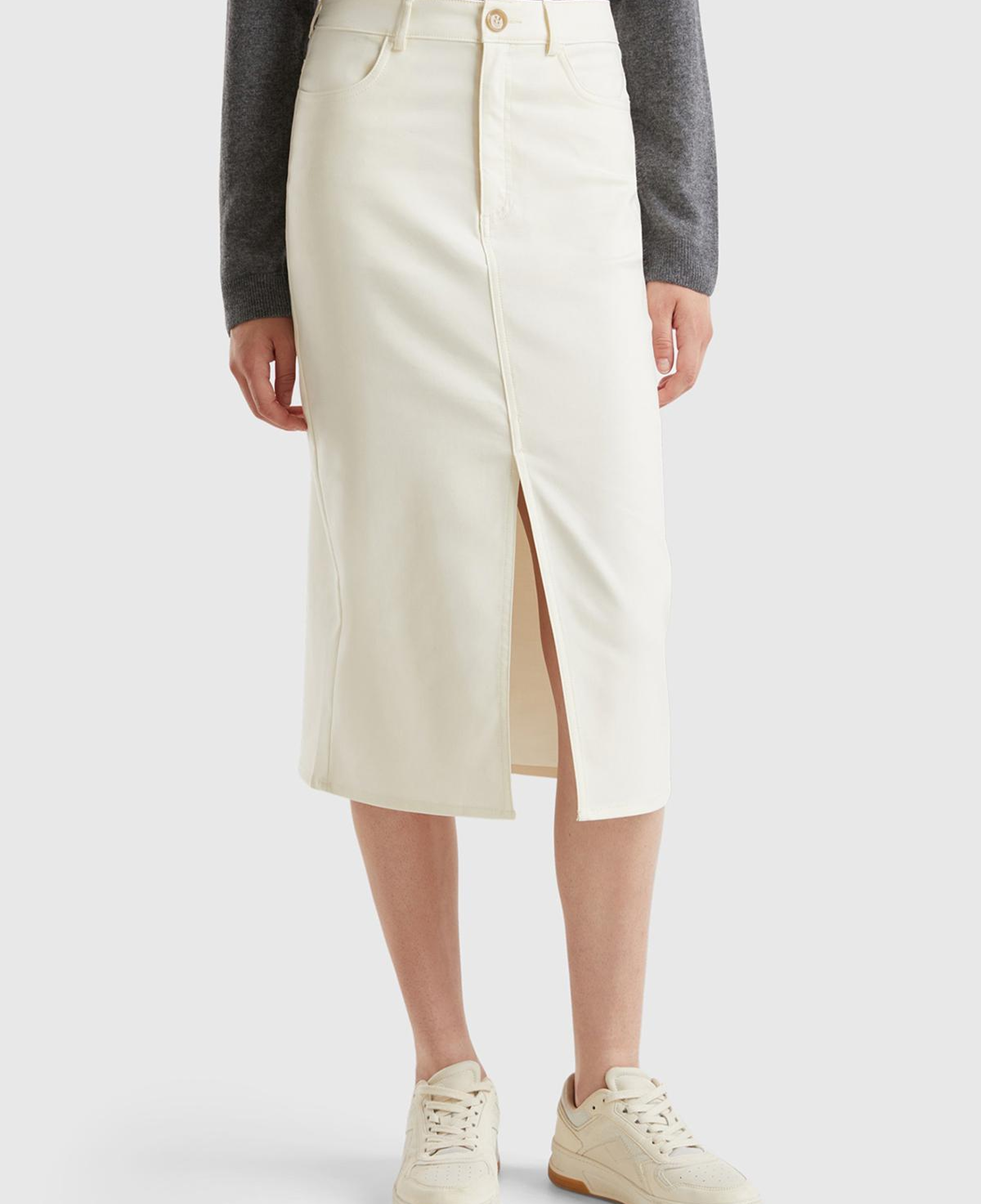 Kadın Krem Pamuk ve Viskoz Karışımlı Ortası Yırtmaçlı Midi Etek
