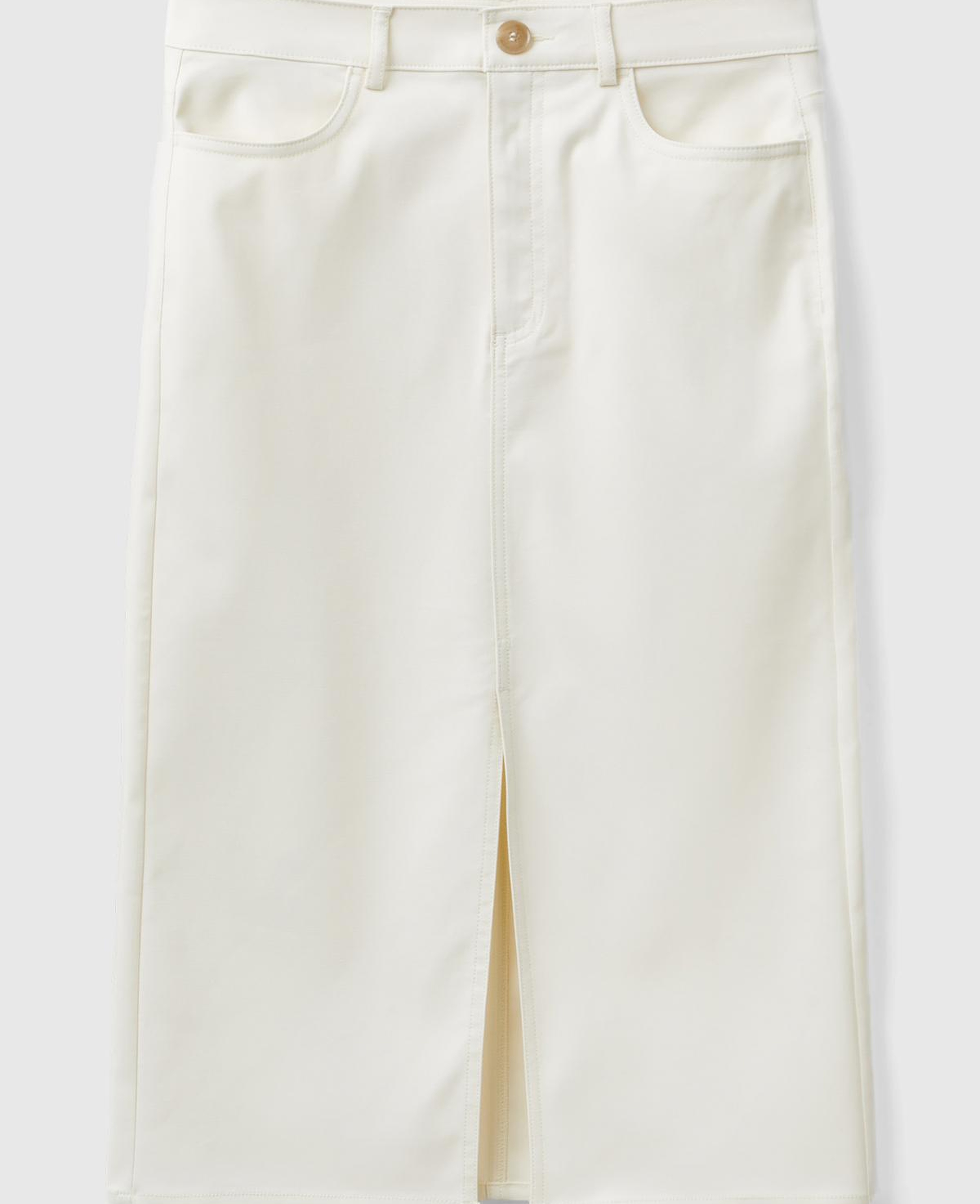 Kadın Krem Pamuk ve Viskoz Karışımlı Ortası Yırtmaçlı Midi Etek