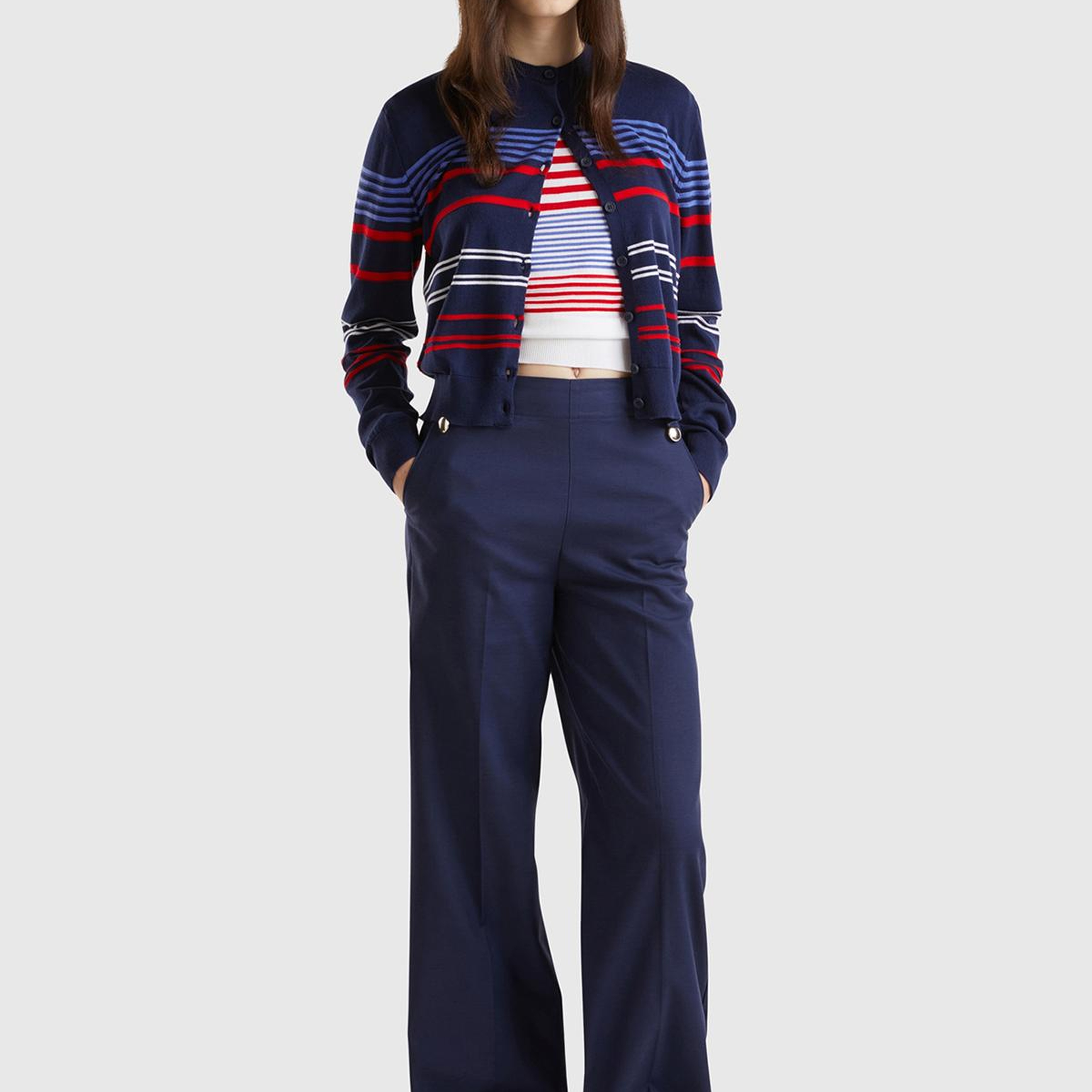 Kadın Lacivert Pamuk ve Viskoz Karışımlı Düğme Detaylı Geniş Paça Pantolon