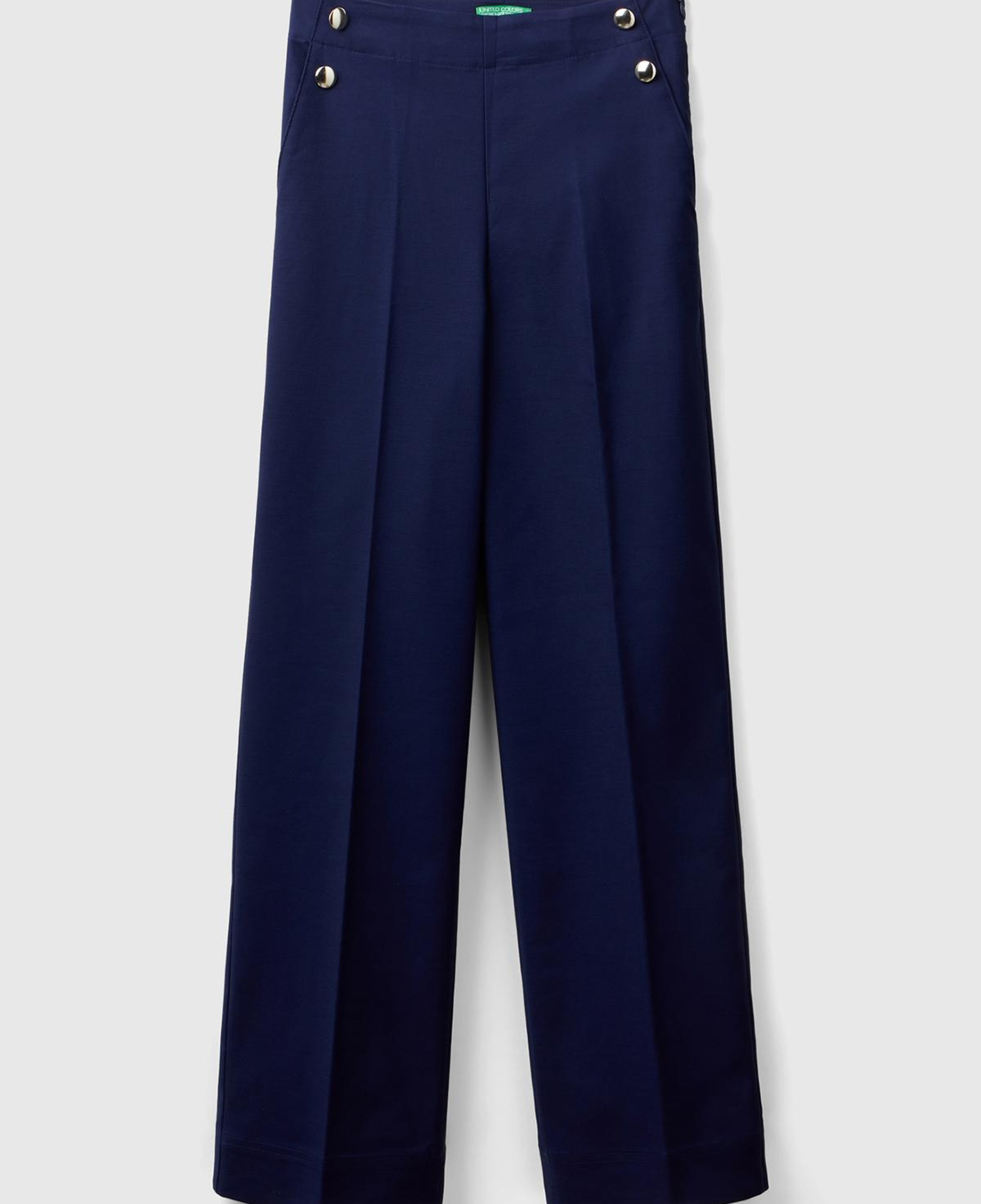 Kadın Lacivert Pamuk ve Viskoz Karışımlı Düğme Detaylı Geniş Paça Pantolon