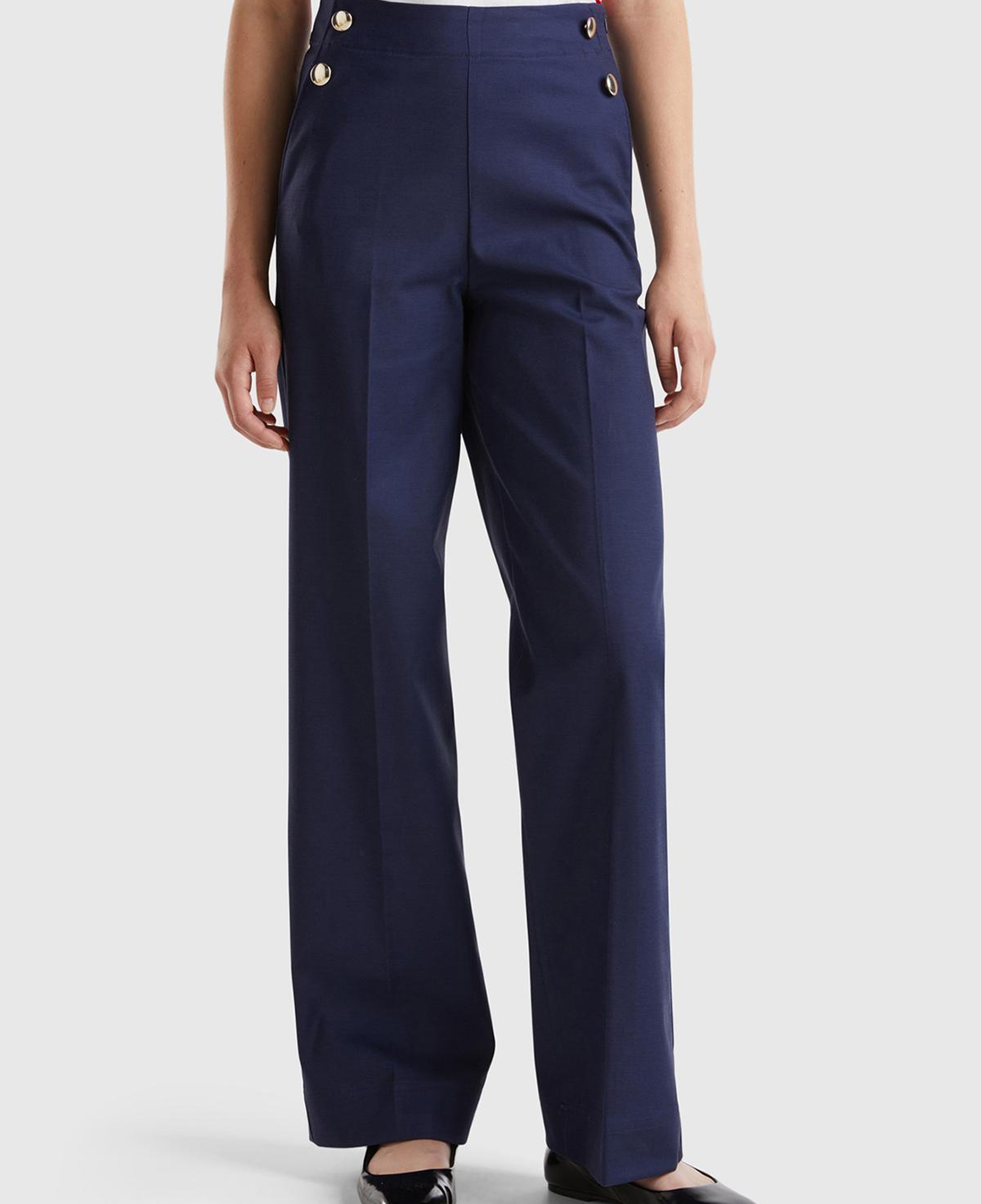 Kadın Lacivert Pamuk ve Viskoz Karışımlı Düğme Detaylı Geniş Paça Pantolon