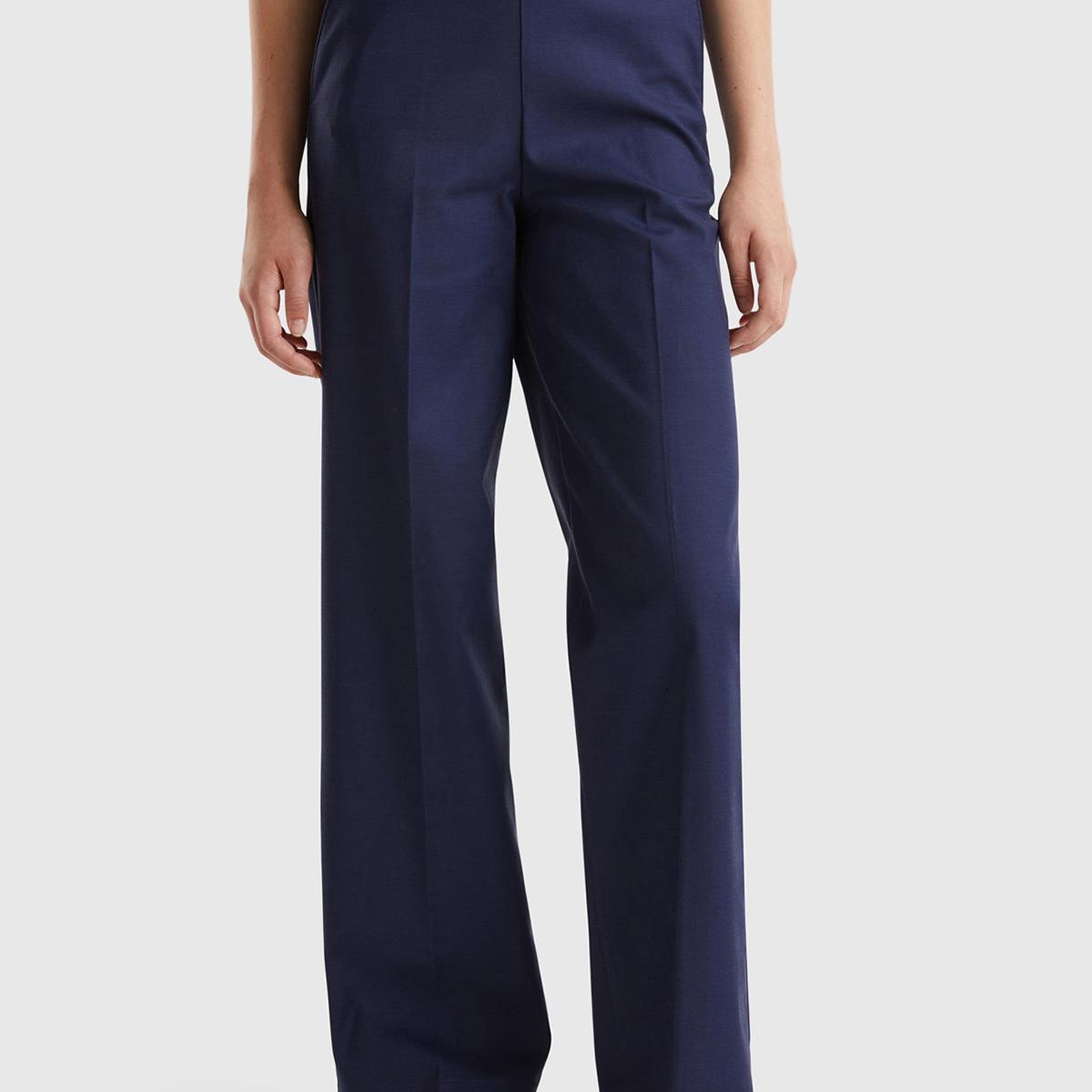 Kadın Lacivert Pamuk ve Viskoz Karışımlı Düğme Detaylı Geniş Paça Pantolon