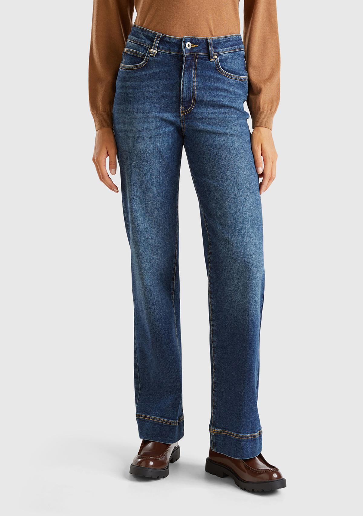 Kadın Mavi Pamuk Karışımlı Arkası Logo Etiketli Geniş Denim Pantolon