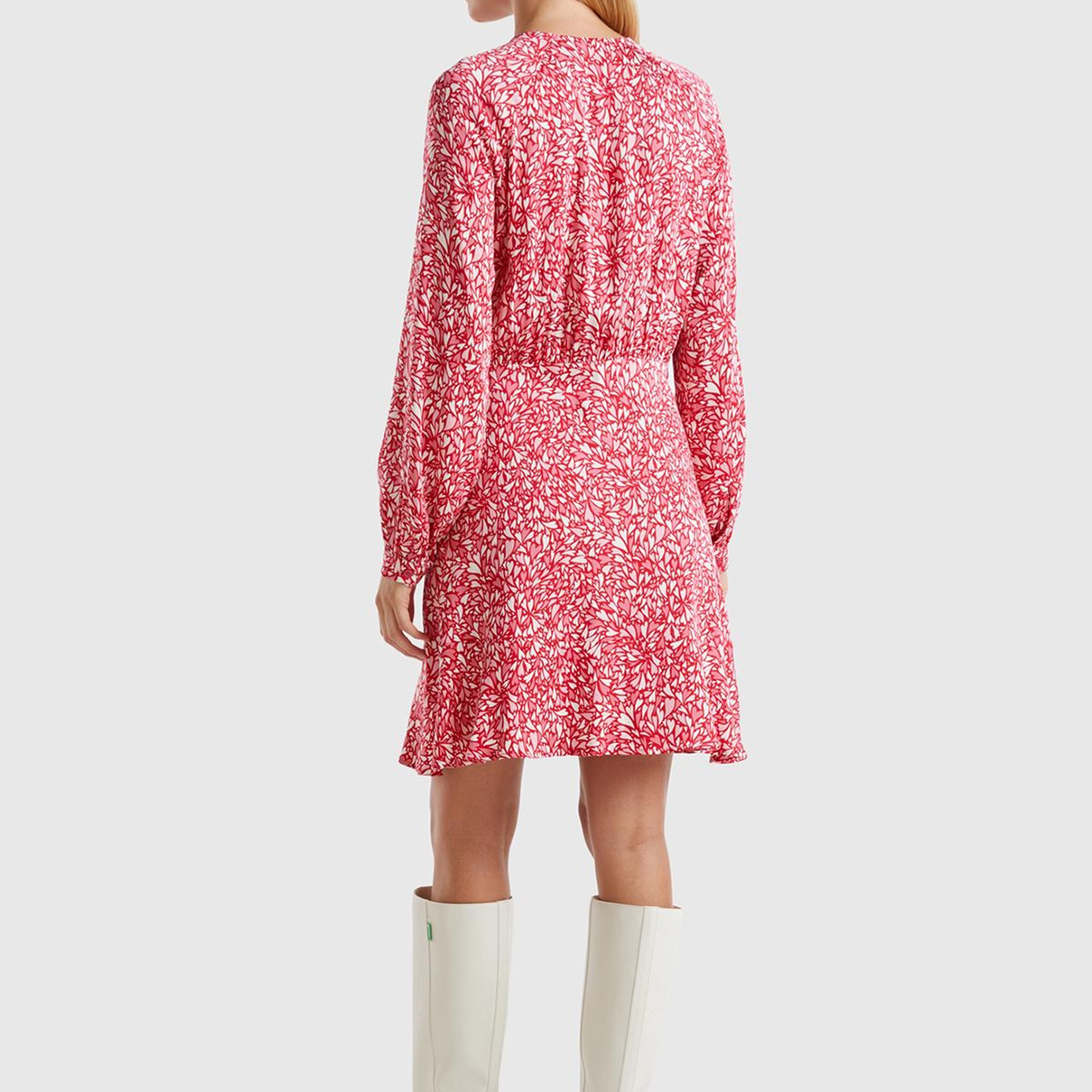 Kadın Kırmızı %100 Viskoz Önü Damla Etek Ucu Fırfırlı Desenli Elbise