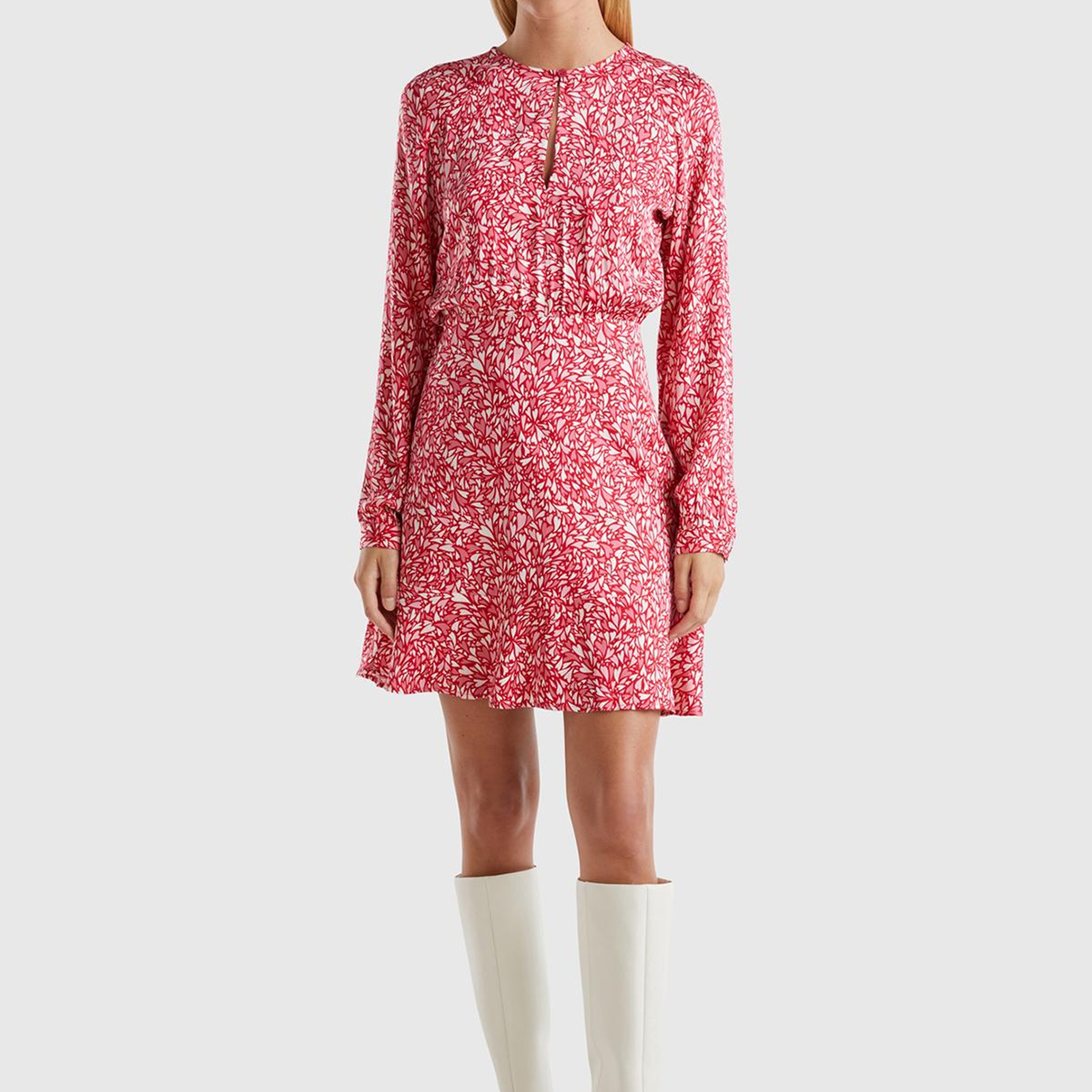 Kadın Kırmızı %100 Viskoz Önü Damla Etek Ucu Fırfırlı Desenli Elbise