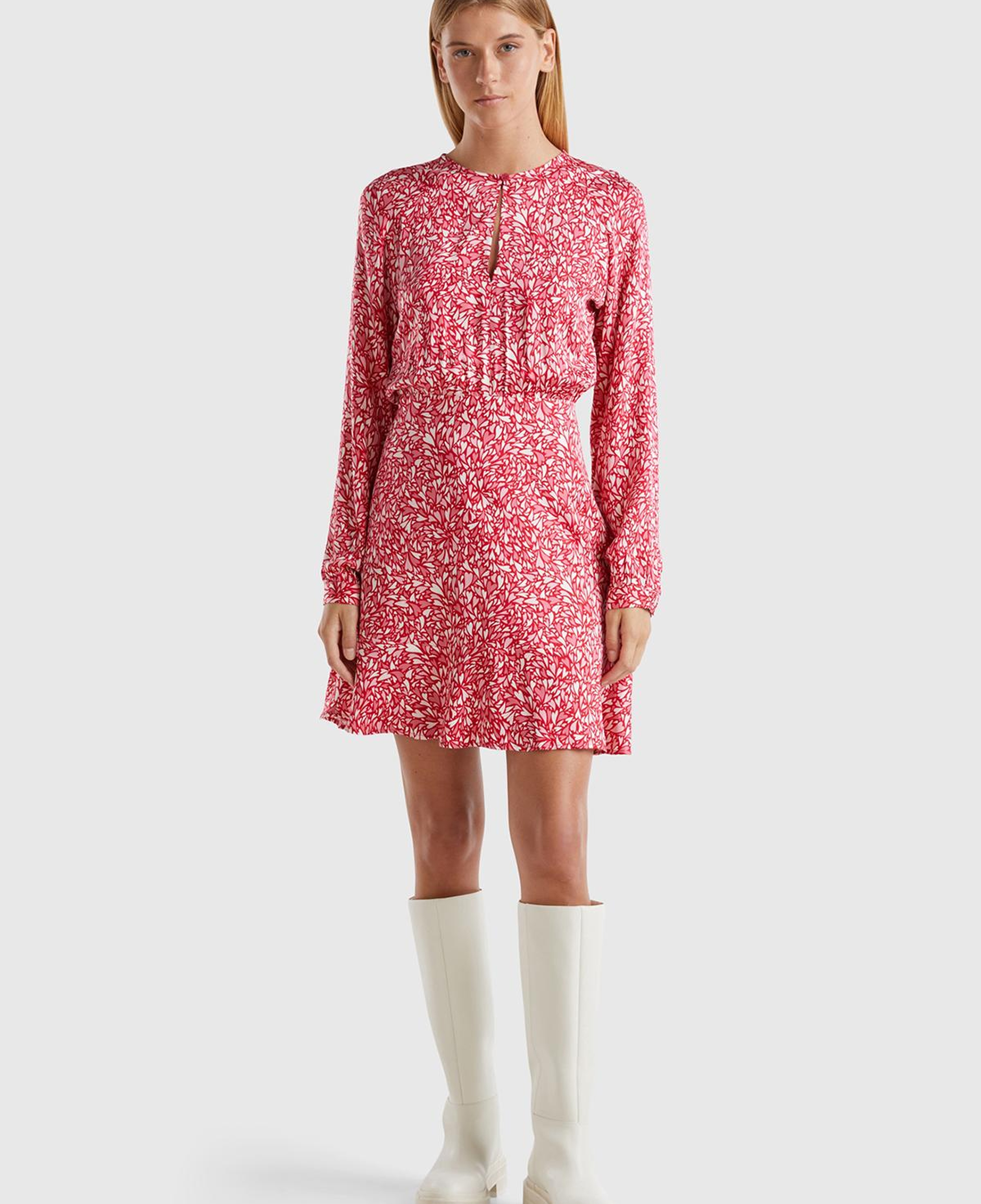 Kadın Kırmızı %100 Viskoz Önü Damla Etek Ucu Fırfırlı Desenli Elbise