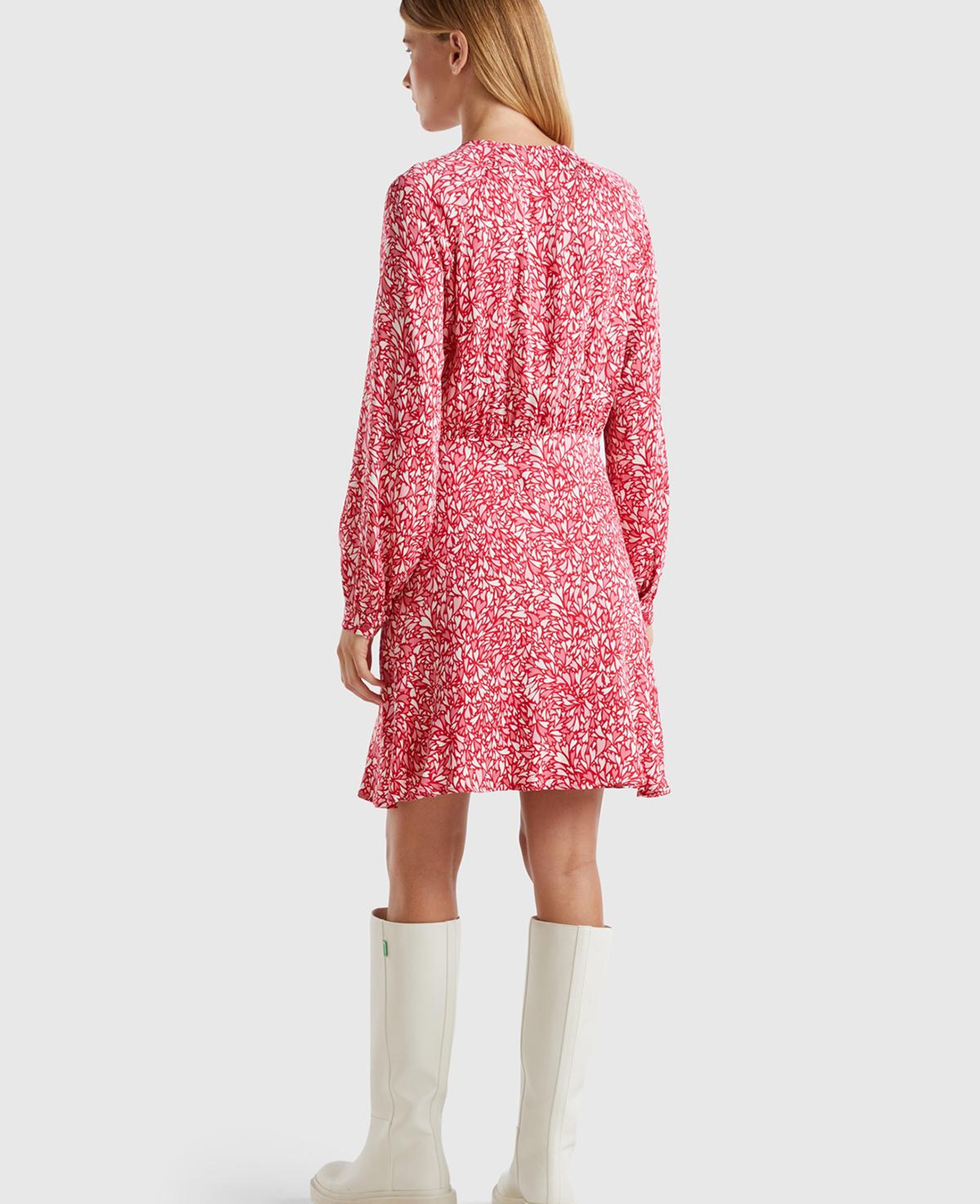 Kadın Kırmızı %100 Viskoz Önü Damla Etek Ucu Fırfırlı Desenli Elbise